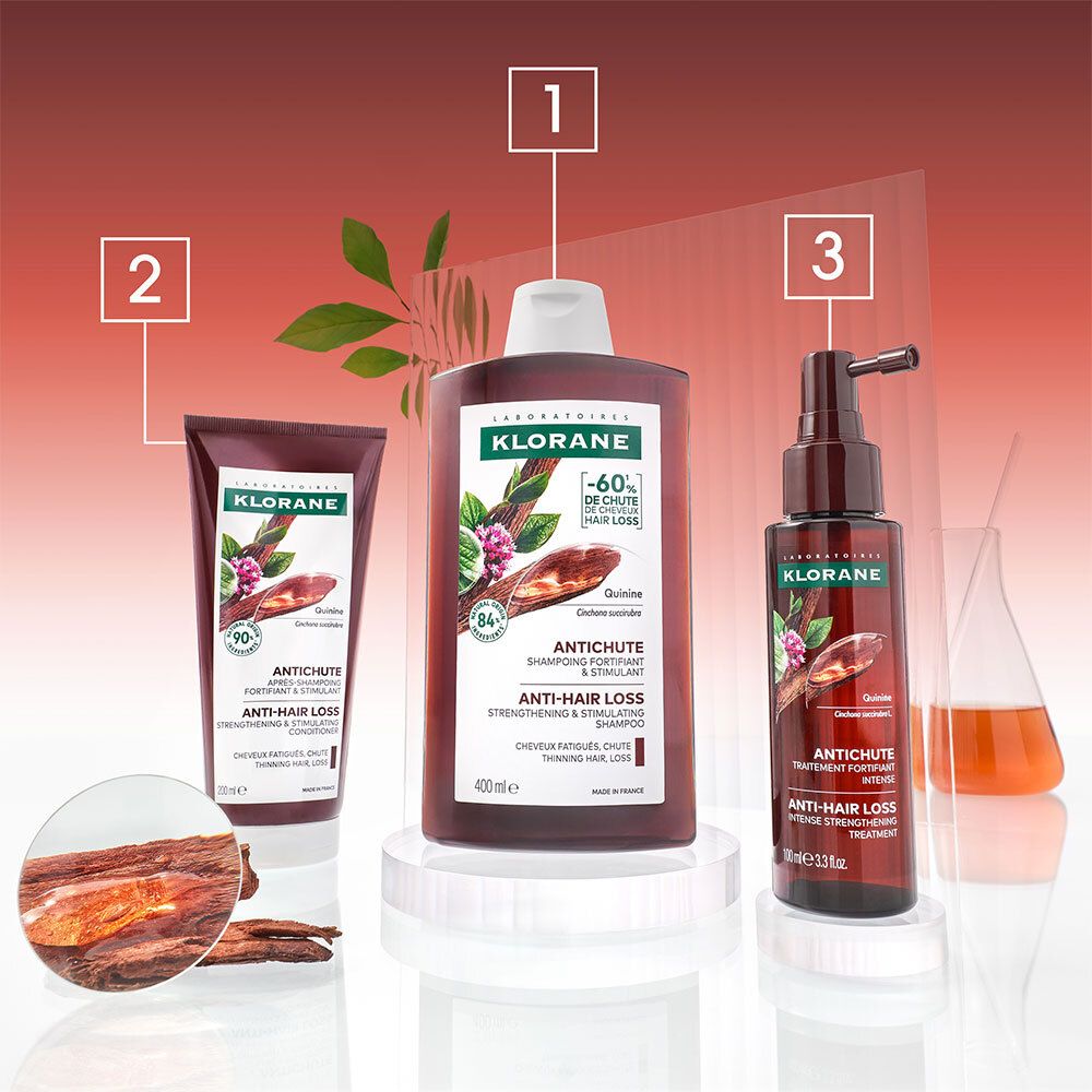 Trois produits : shampooing, après-shampooing, traitement. Morceaux de bois. Texte : KLORANE, Antichute, Anti-chute.