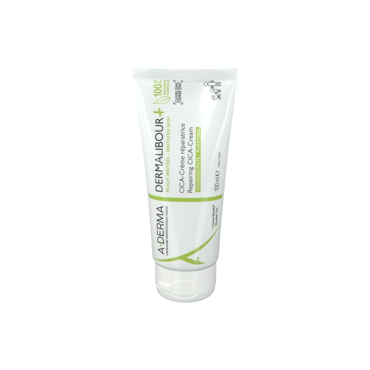Tube blanc avec texte vert. A-DERMA DERMALIBOUR+ CICA-Crème. Formule 100% naturelle.