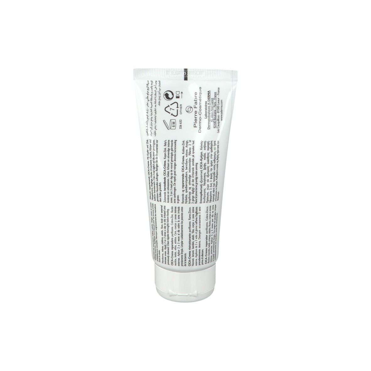 Dos du tube blanc. Texte multilingue. Informations du fabricant.