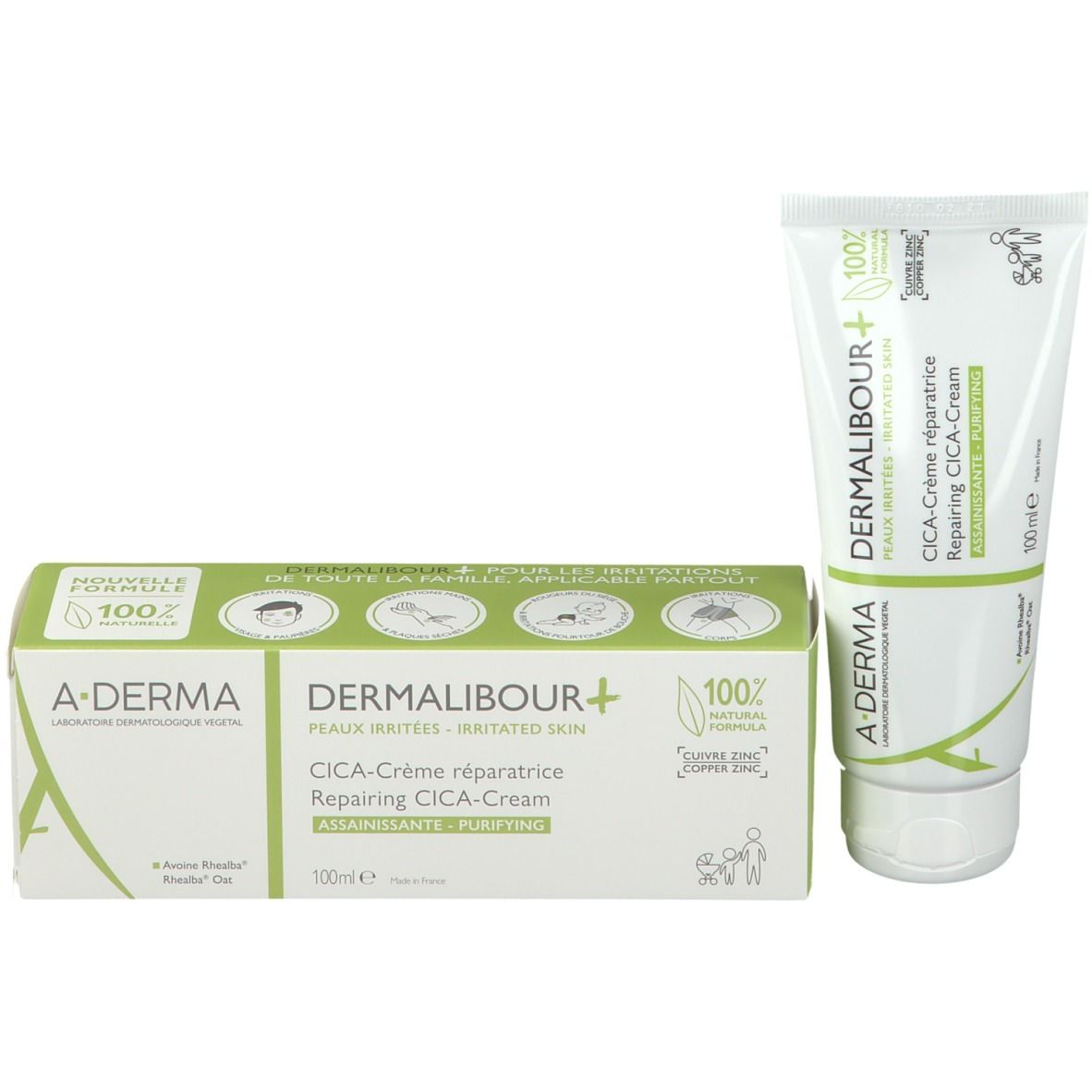 Tube blanc et boîte. A-DERMA DERMALIBOUR+ CICA-Crème. Formule 100% naturelle.