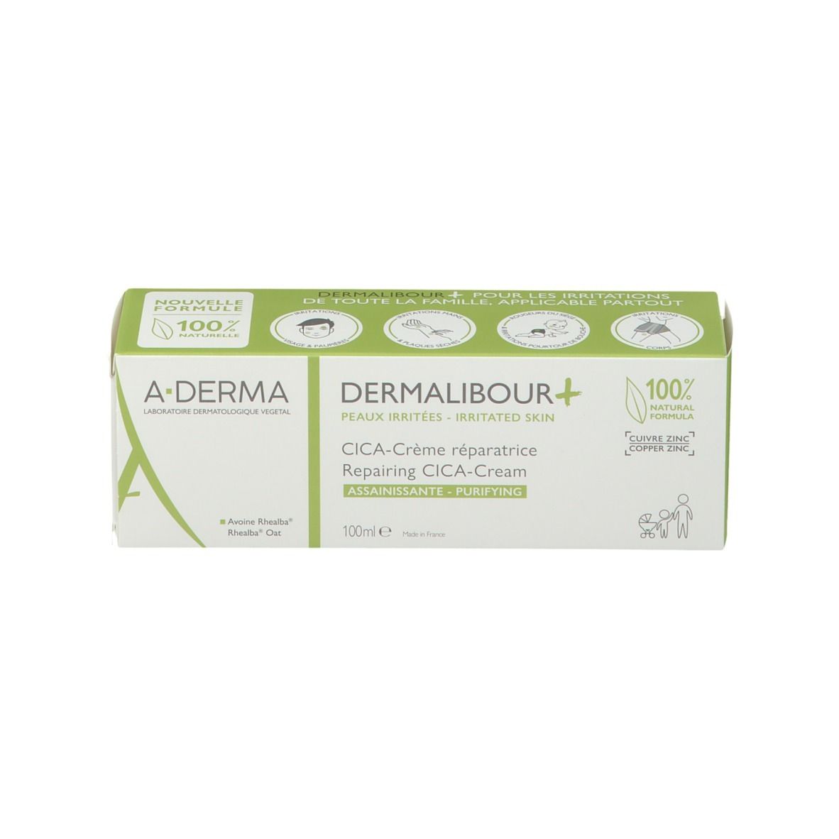 Boîte blanche. A-DERMA DERMALIBOUR+ CICA-Crème. Formule 100% naturelle.