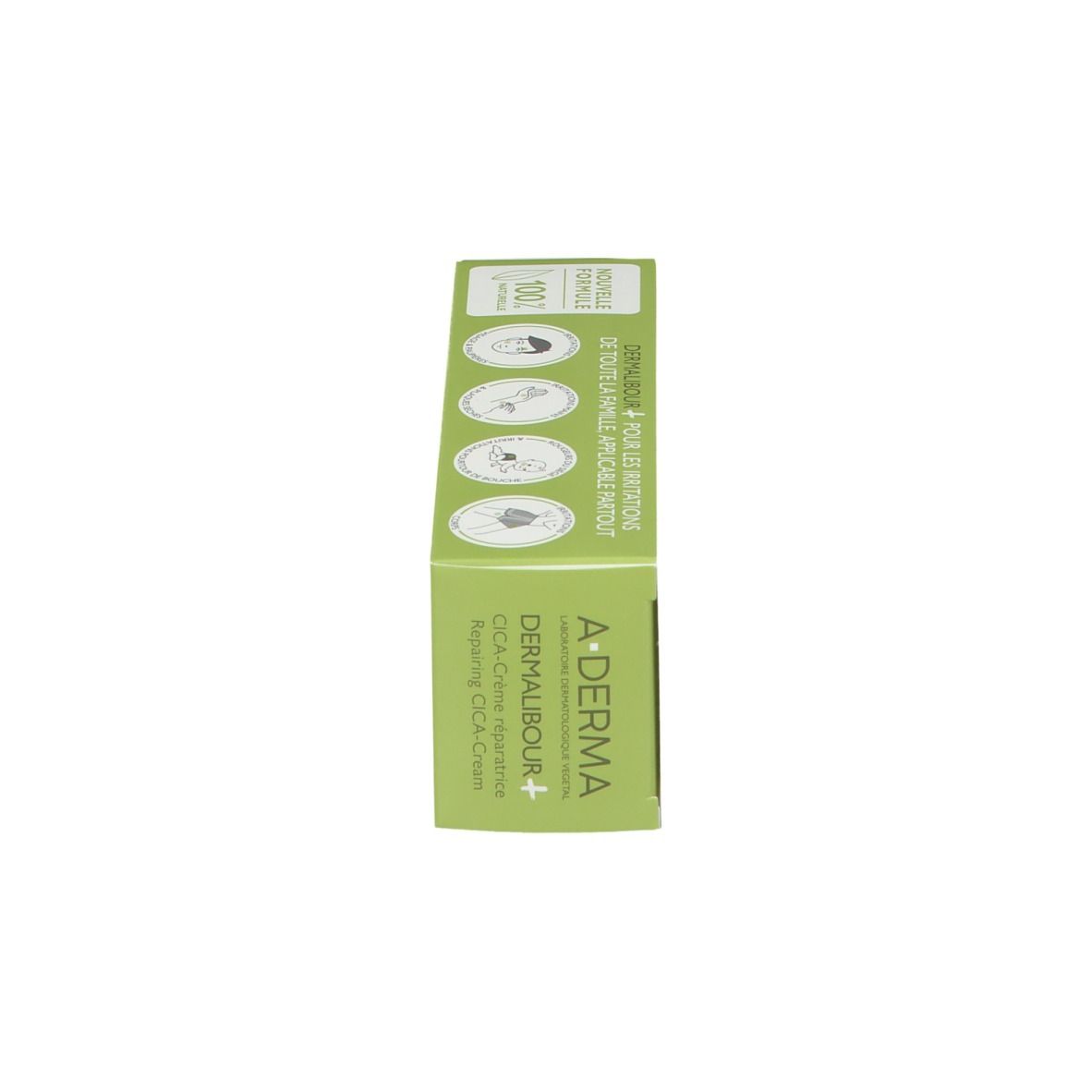 Vue latérale de la boîte. A-DERMA DERMALIBOUR+ CICA-Crème. Texte et logos.