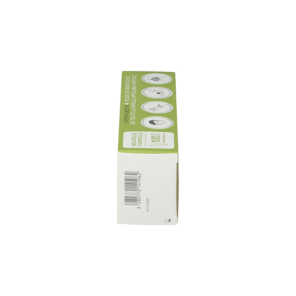 Vue latérale de la boîte. A-DERMA DERMALIBOUR+ CICA-Crème. Code-barres.