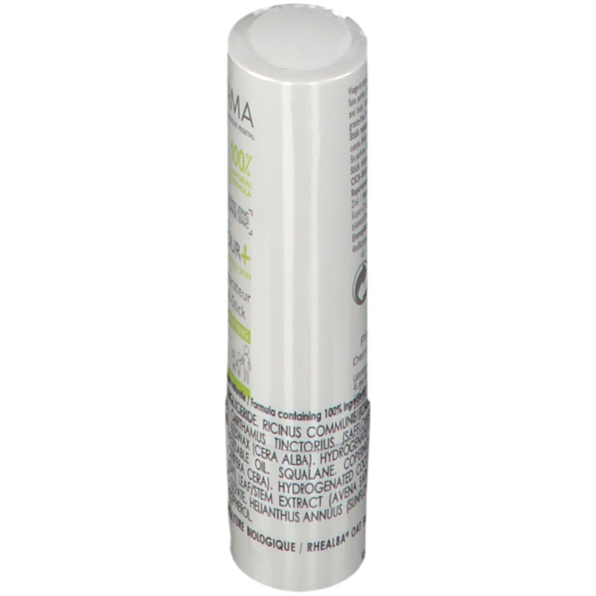 Stick blanc, vue latérale. Texte avec ingrédients et informations produit. Logo A-DERMA.