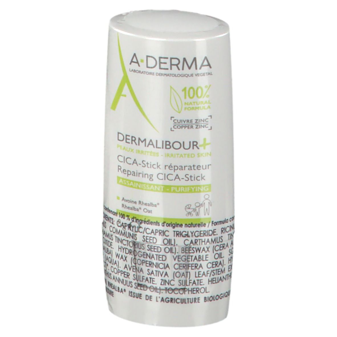 Stick blanc avec texte vert. Inscription A-DERMA et DERMALIBOUR+CICA-Stick. Formule 100% naturelle.