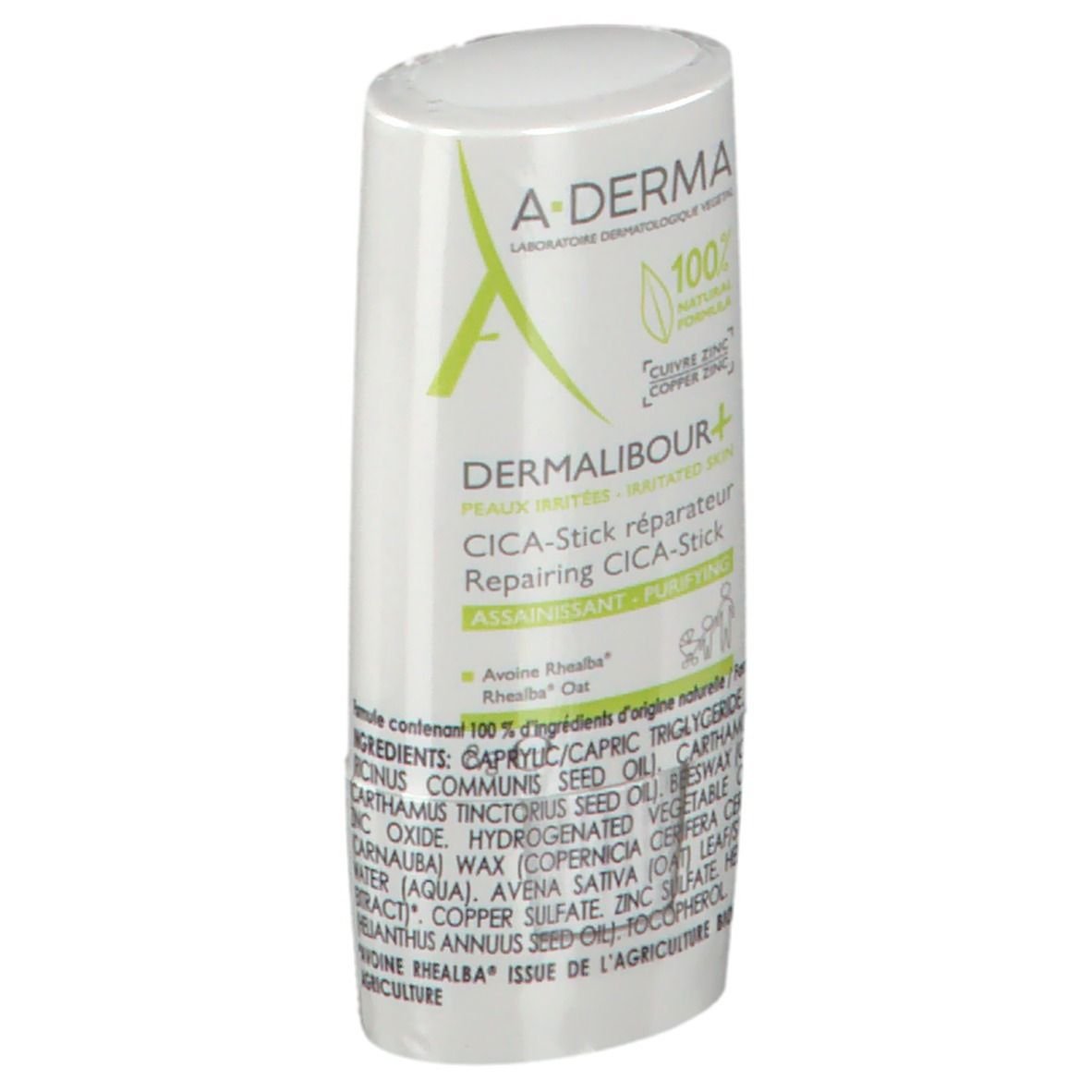 Stick blanc avec texte vert. Inscription A-DERMA et DERMALIBOUR+CICA-Stick. Formule 100% naturelle.