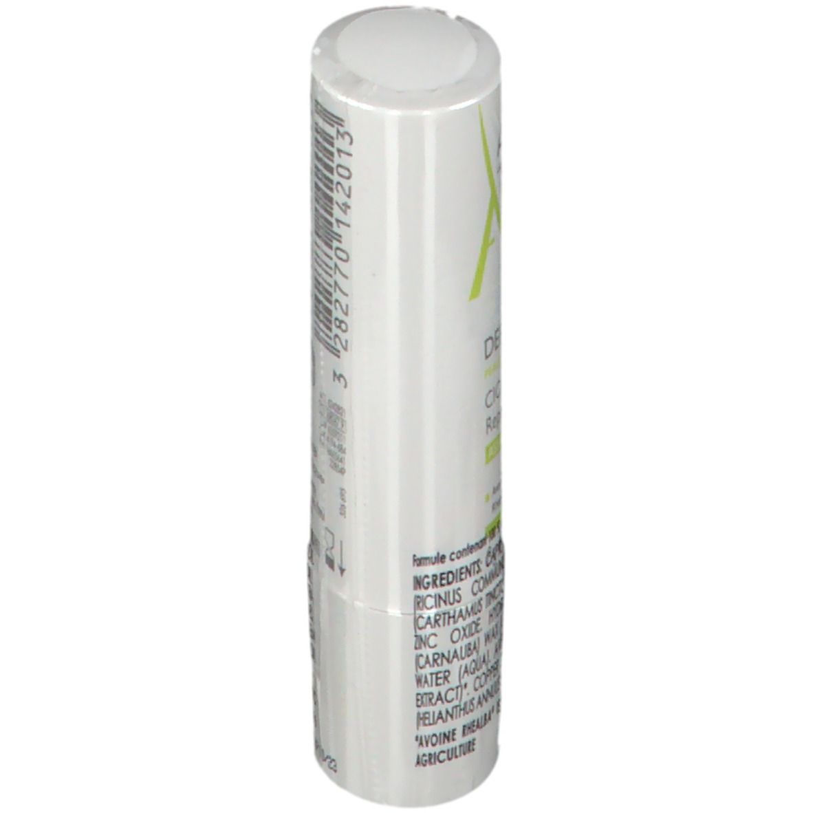 Stick blanc, vue latérale. Texte avec ingrédients et informations produit. Logo A-DERMA.
