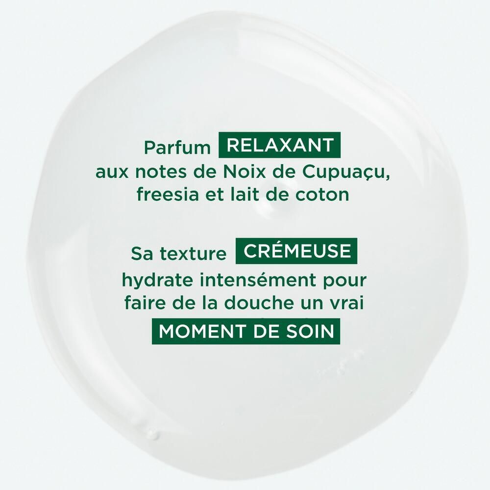 Goutte transparente. Texte : Parfum relaxant, texture crémeuse, hydrate intensément.