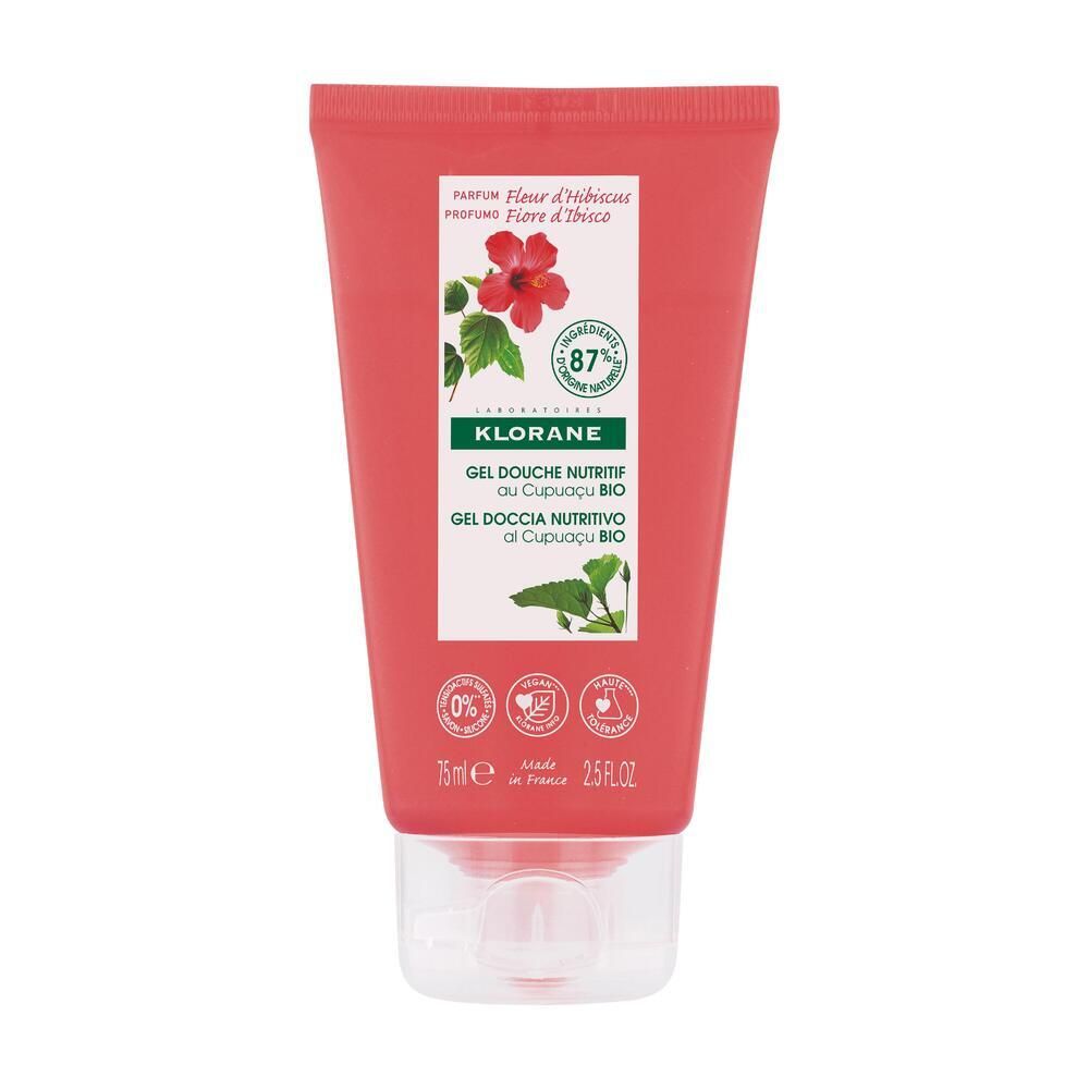 Tube rouge de gel douche KLORANE Fleur d'hibiscus. Ingrédients naturels à 87%. Contenance 75ml.