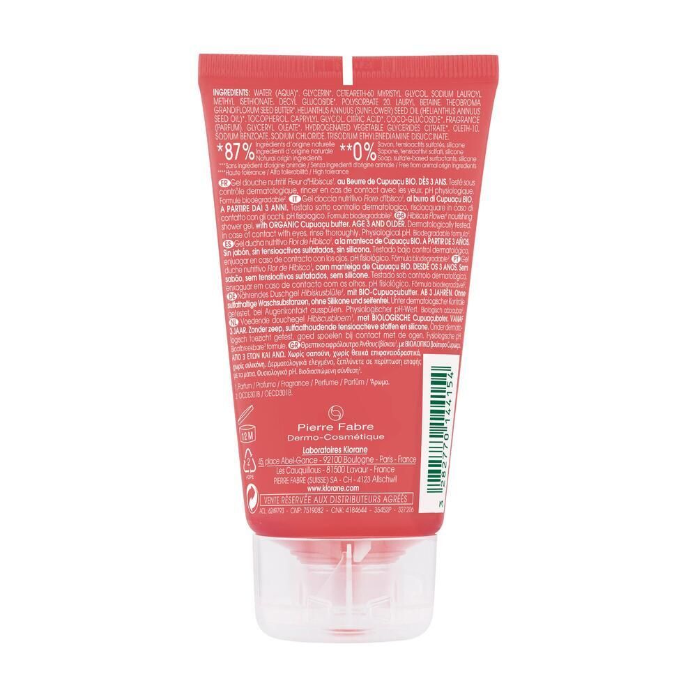 Dos du tube rouge de gel douche KLORANE Fleur d'hibiscus. Texte avec ingrédients et informations fabricant.