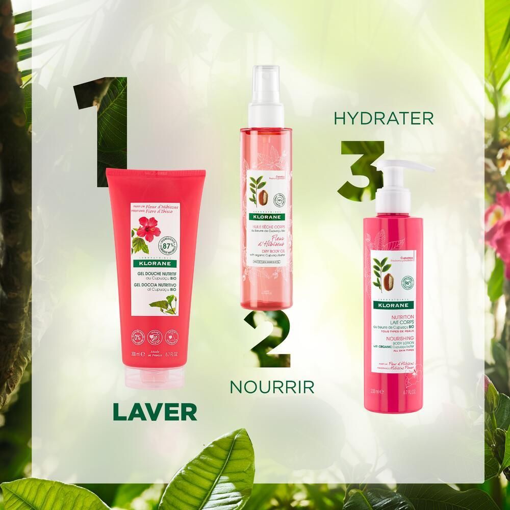 Trois produits KLORANE: gel douche, spray corps et lotion corps. Inscriptions: LAVER, NOURRIR, HYDRATER.