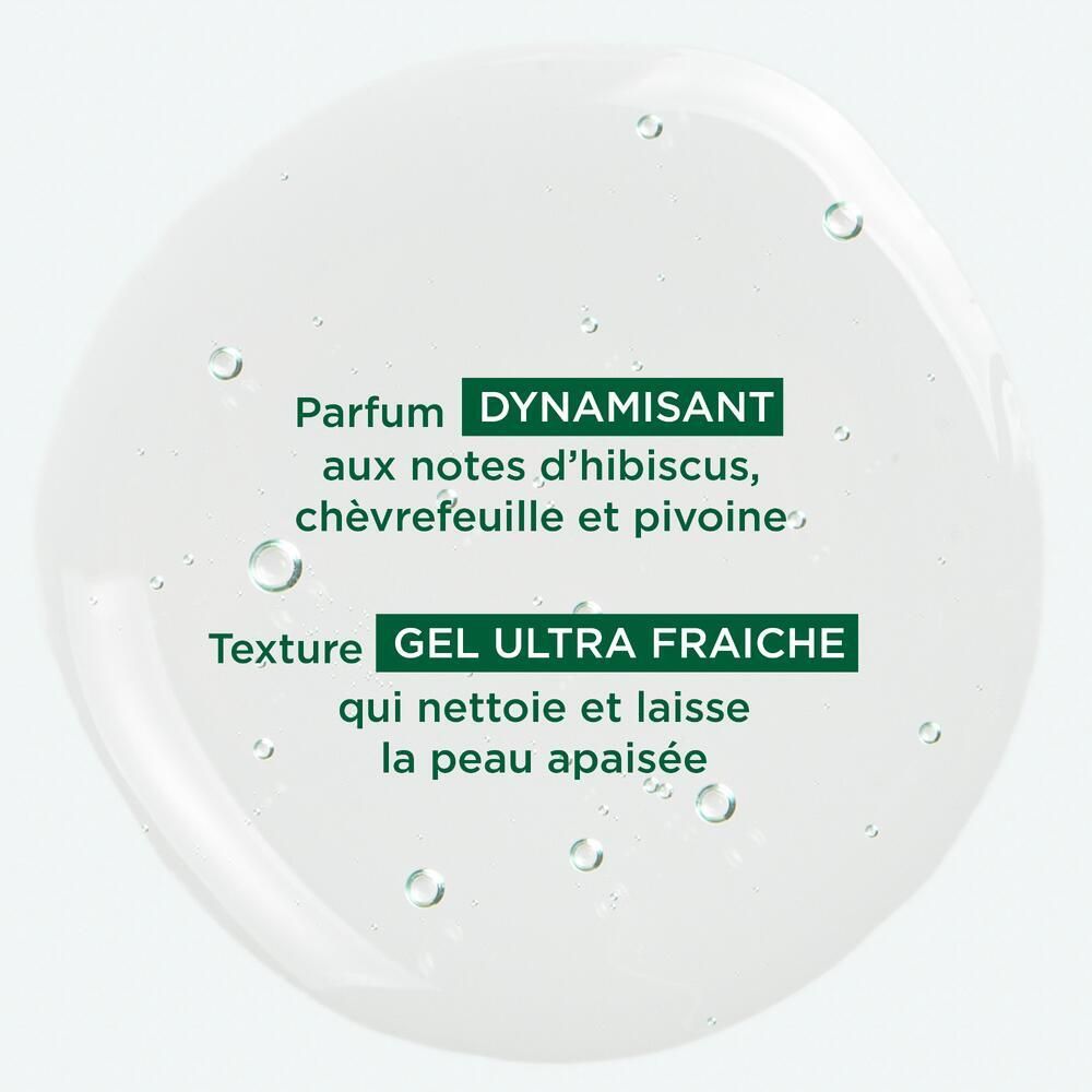 Liquide transparent avec texte: Dynamisant, notes d'hibiscus, chèvrefeuille et pivoine. Texture ultra fraîche.