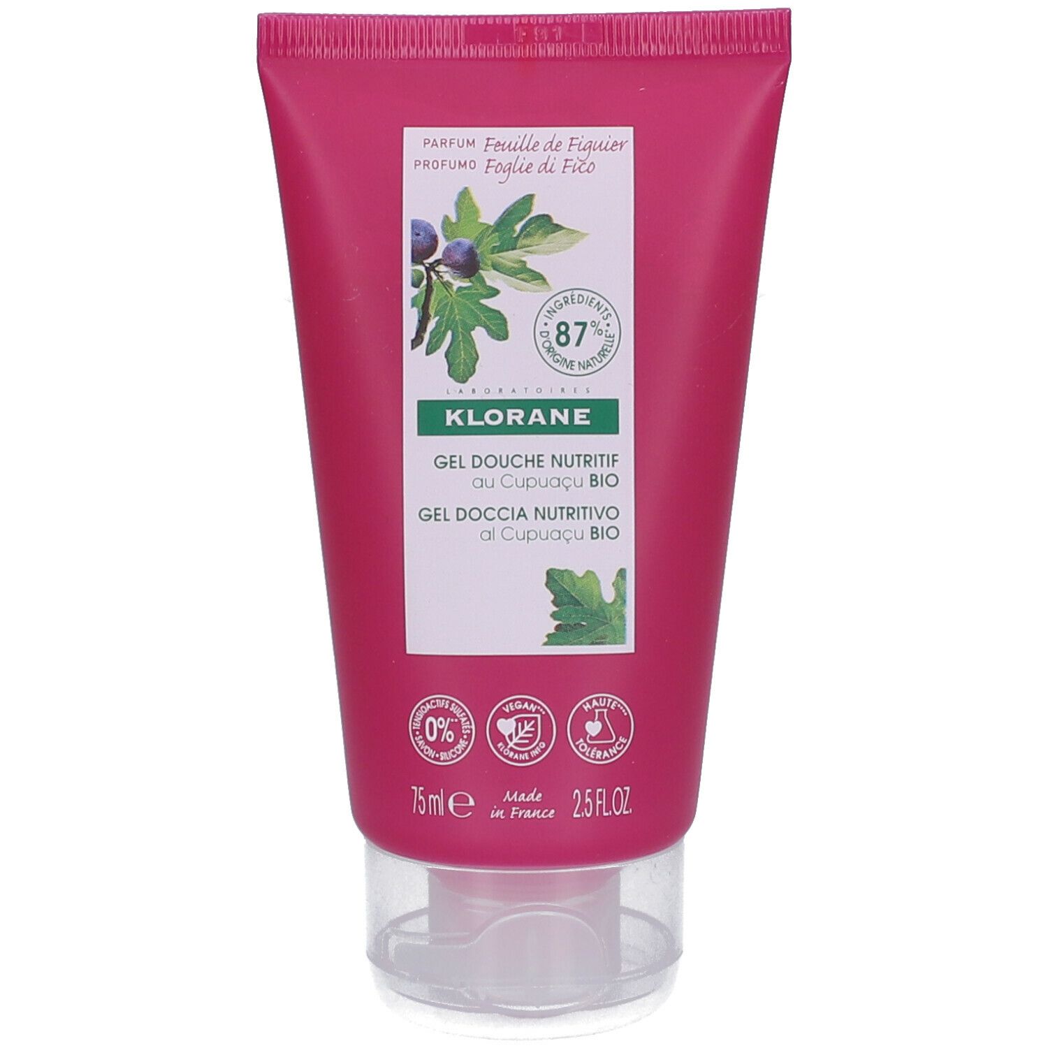 Tube rose avec étiquette blanche. Inscription KLORANE, Gel Douche Nutritif. 87% ingrédients naturels. 75ml.