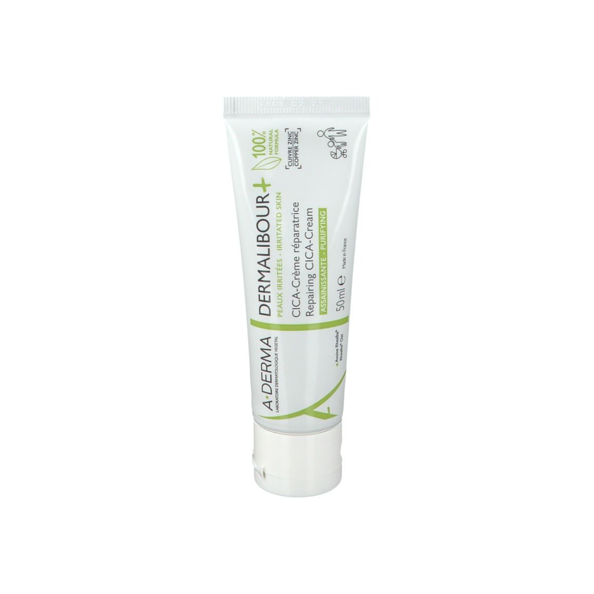 Tube blanche, écriture verte. A-DERMA DERMALIBOUR+ CICA-Crème. 50 ml. Formule 100% naturelle.