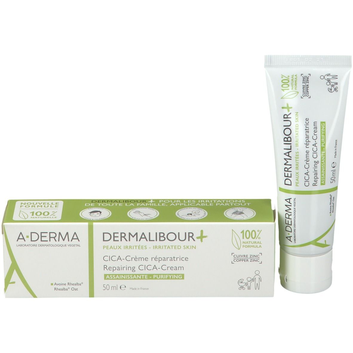 Emballage avec tube. A-DERMA DERMALIBOUR+ CICA-Crème. 50 ml. Formule 100% naturelle.