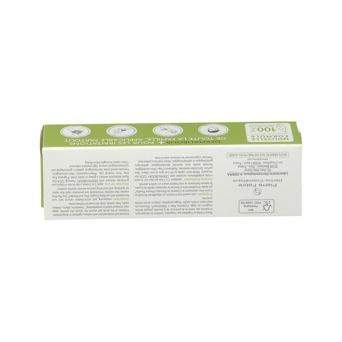 Emballage. A-DERMA DERMALIBOUR+ CICA-Crème. Informations sur l'utilisation et les ingrédients.