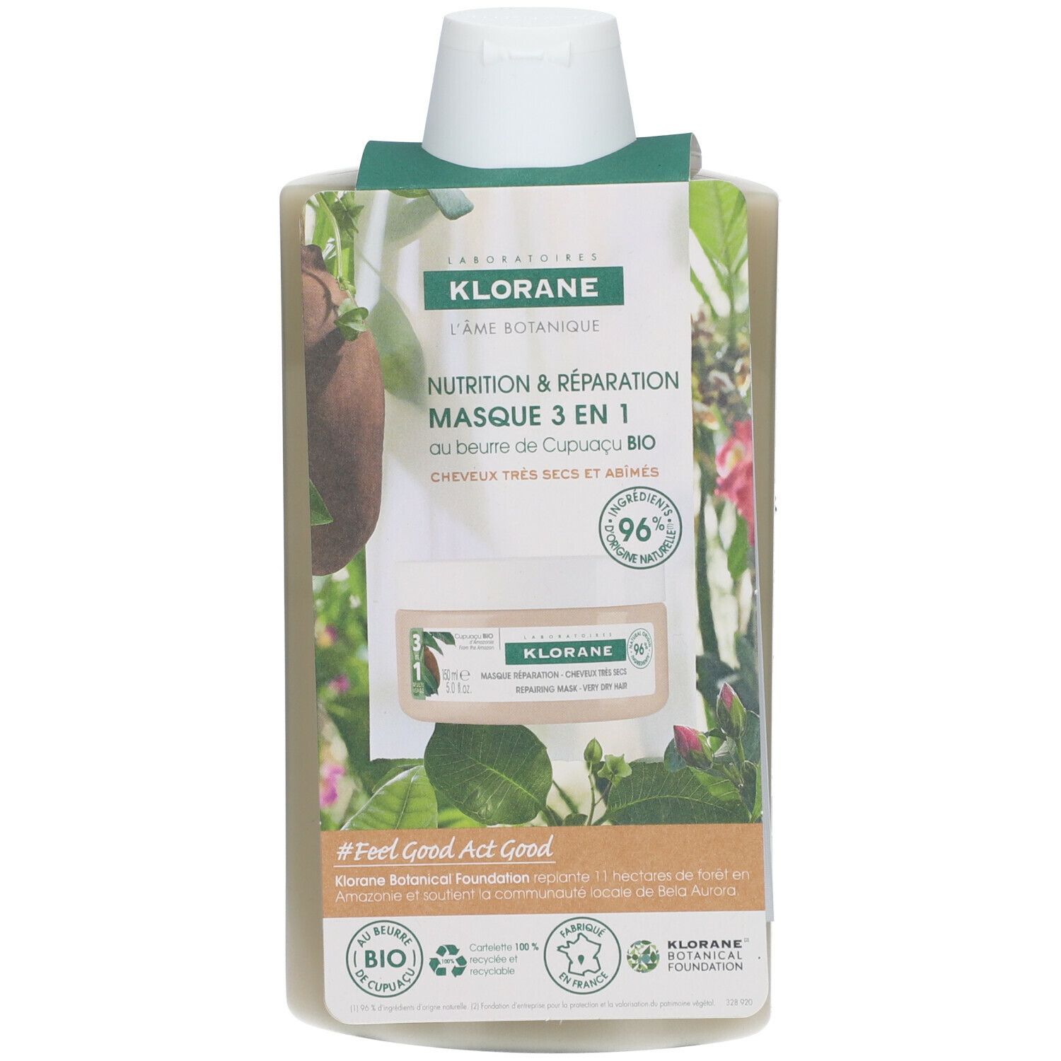 Flacon de shampooing avec étiquette. Flacon beige à bouchon blanc. Étiquette avec logo et texte. Étiquette avec texte et image du produit.
