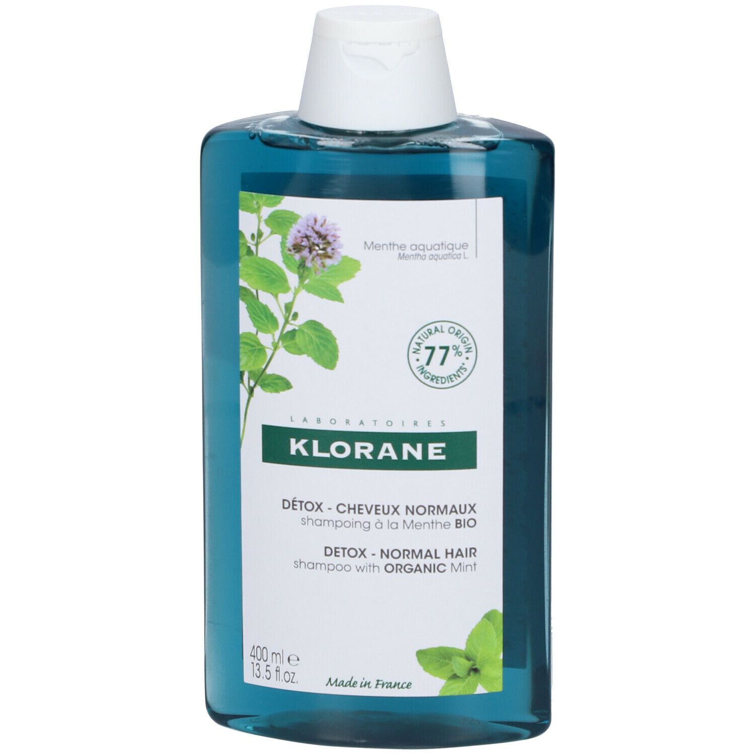 Flacon de shampooing Klorane à la menthe aquatique bio. Bleu turquoise, bouchon blanc. Contient 400 ml.