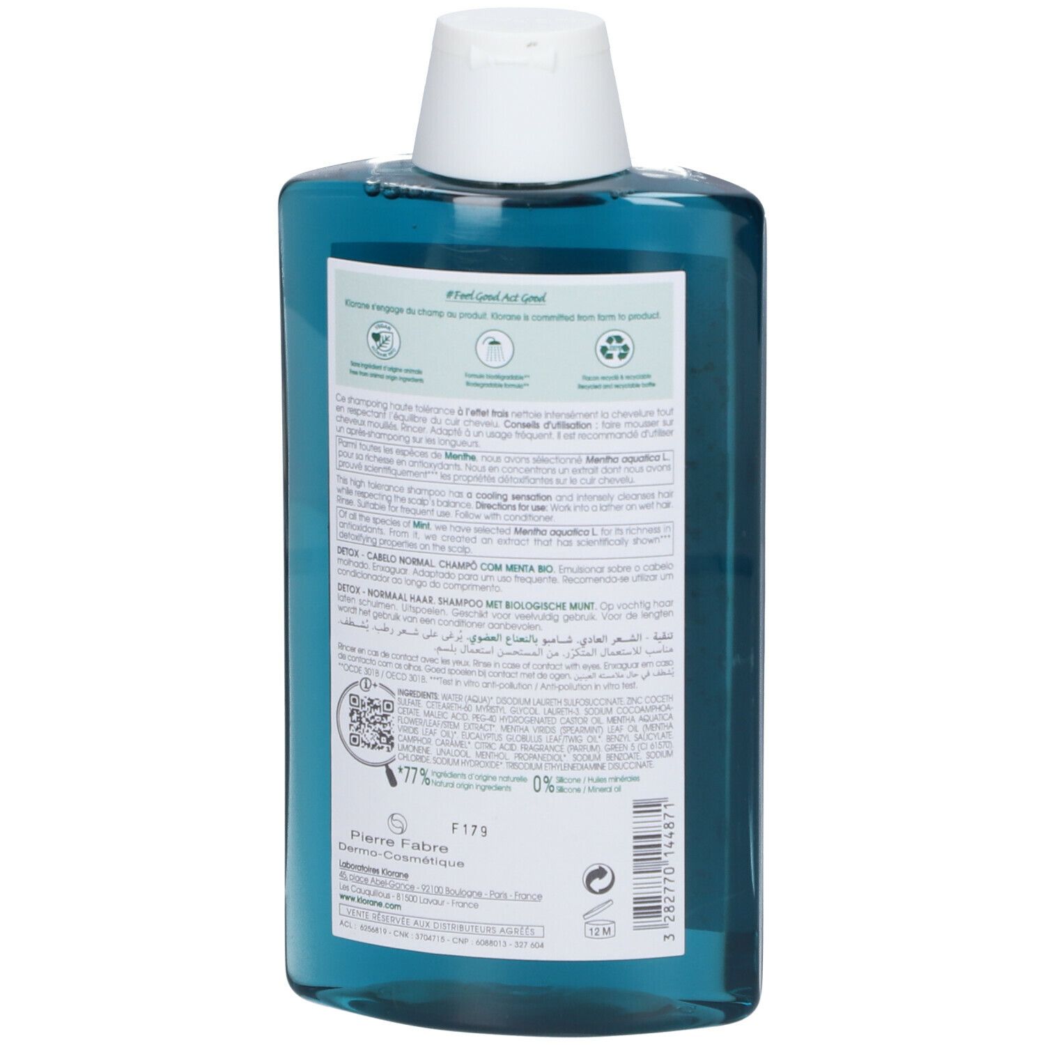 Dos du flacon de shampooing Klorane à la menthe aquatique bio. Texte et logos. 77% ingrédients naturels.