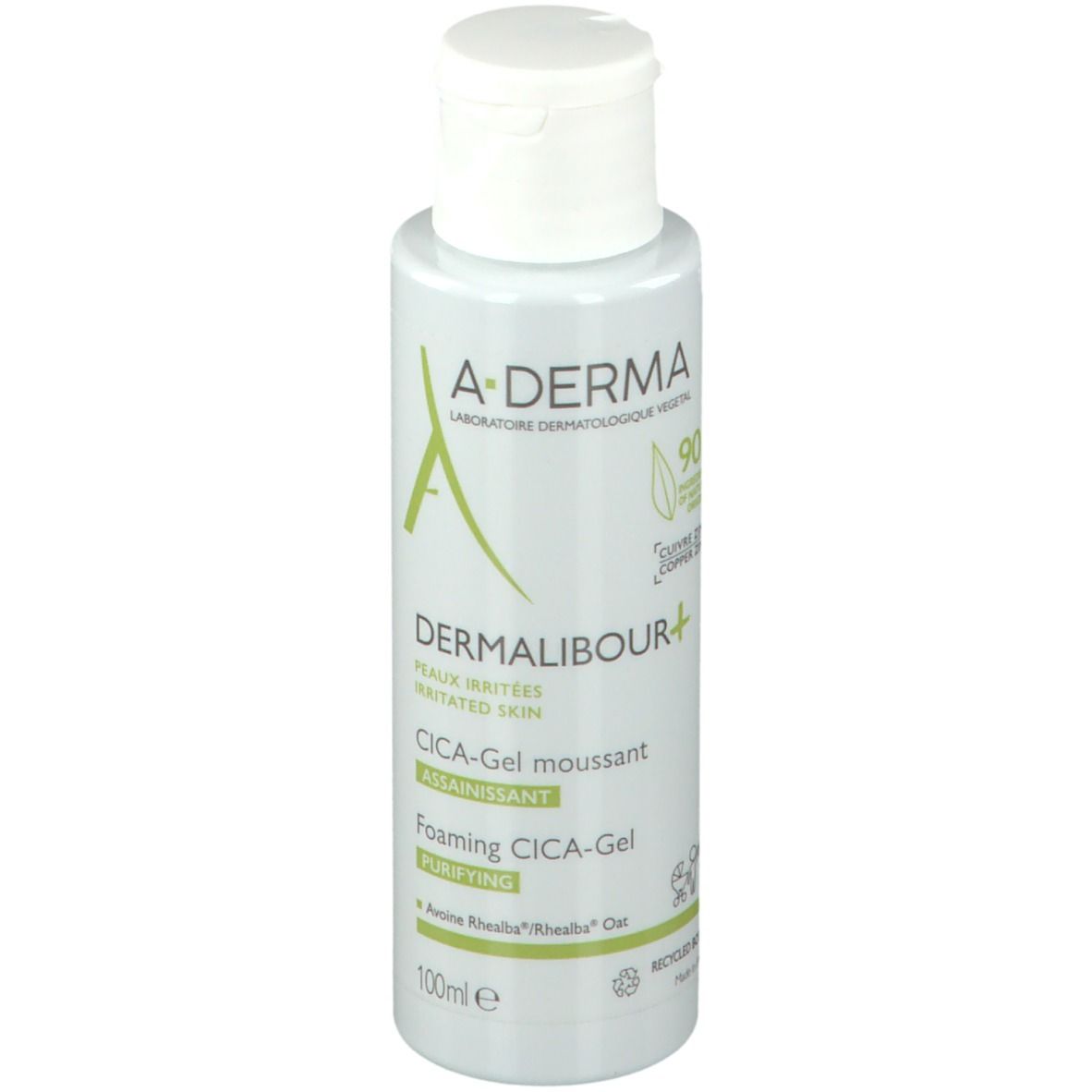 A-DERMA DERMALIBOUR+ CICA Gel moussant assainissant. Flacon blanc, étiquette verte. Vue du produit.