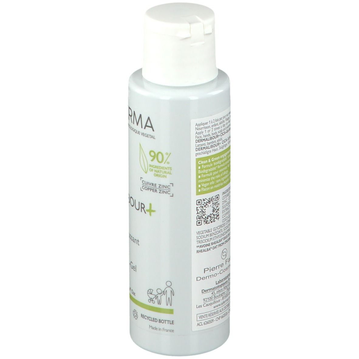 A-DERMA DERMALIBOUR+ CICA Gel moussant assainissant. Flacon blanc, étiquettes vertes. Vue arrière.