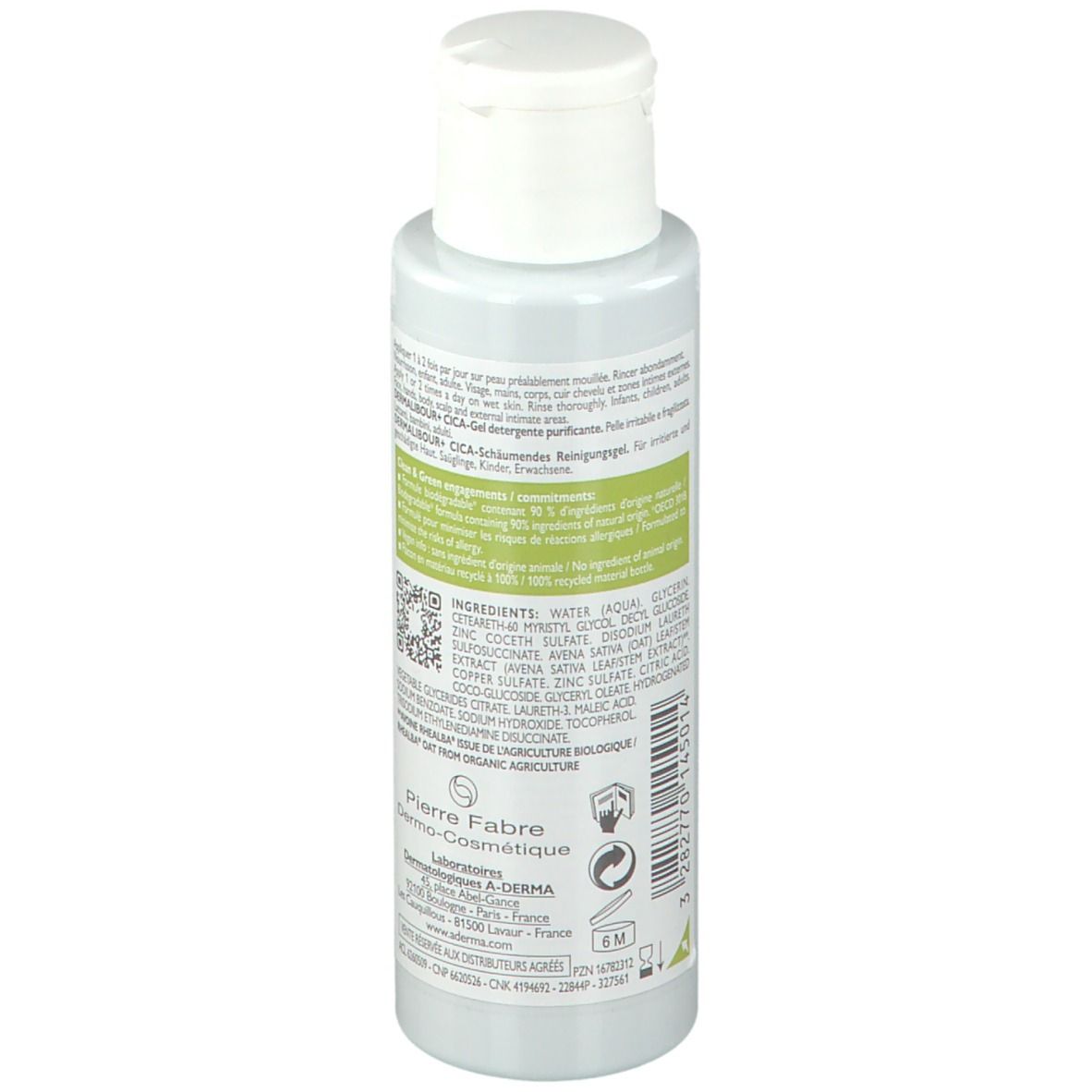 A-DERMA DERMALIBOUR+ CICA Gel moussant assainissant. Vue arrière avec ingrédients et informations.