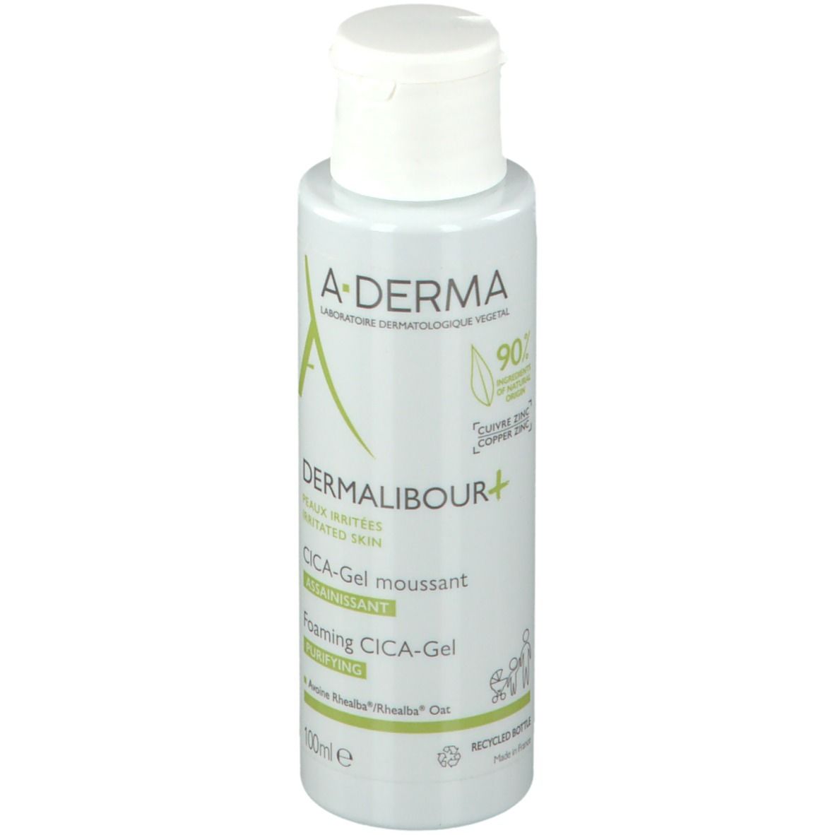 A-DERMA DERMALIBOUR+ CICA Gel moussant assainissant. Flacon blanc, étiquettes vertes. Vue du produit.
