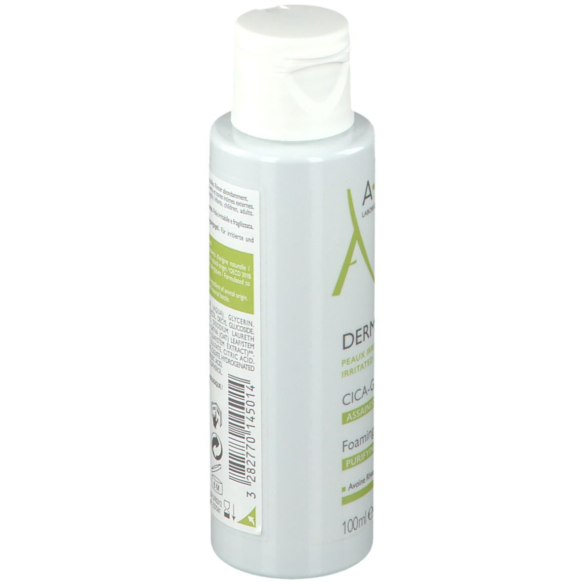 A-DERMA DERMALIBOUR+ CICA Gel moussant assainissant. Vue arrière avec informations et code QR.