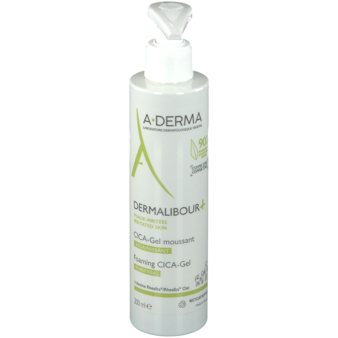 A-DERMA DERMALIBOUR+ CICA Gel moussant. Flacon blanc avec pompe.
