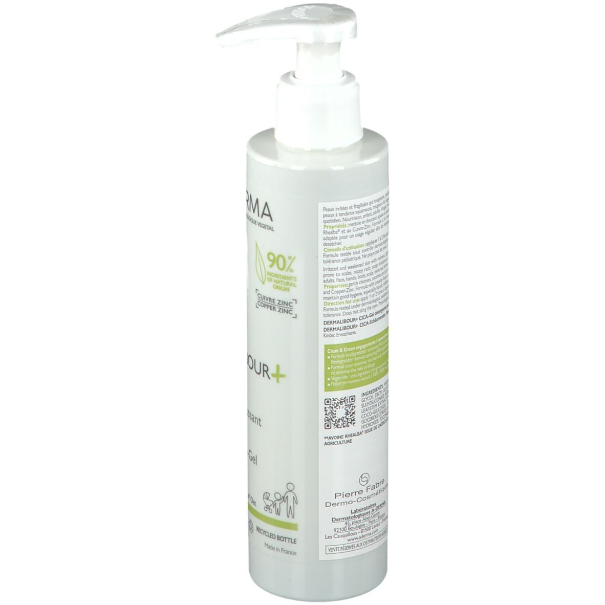Dos du flacon A-DERMA DERMALIBOUR+ CICA Gel moussant. Texte et éléments verts.