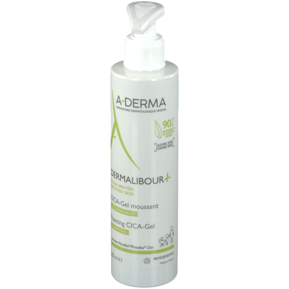 A-DERMA DERMALIBOUR+ CICA Gel moussant. Flacon blanc avec pompe.