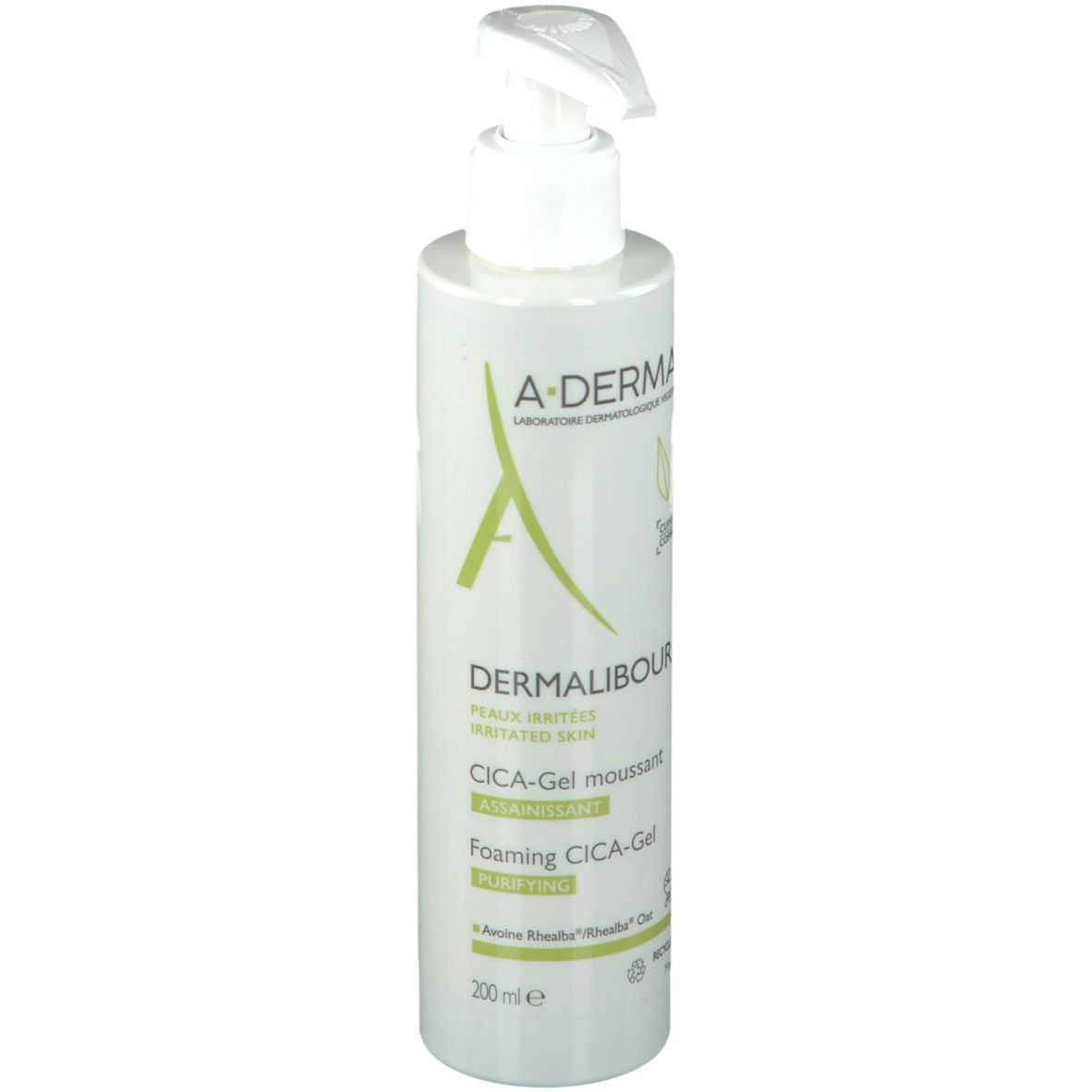 A-DERMA DERMALIBOUR+ CICA Gel moussant. Flacon blanc avec pompe.