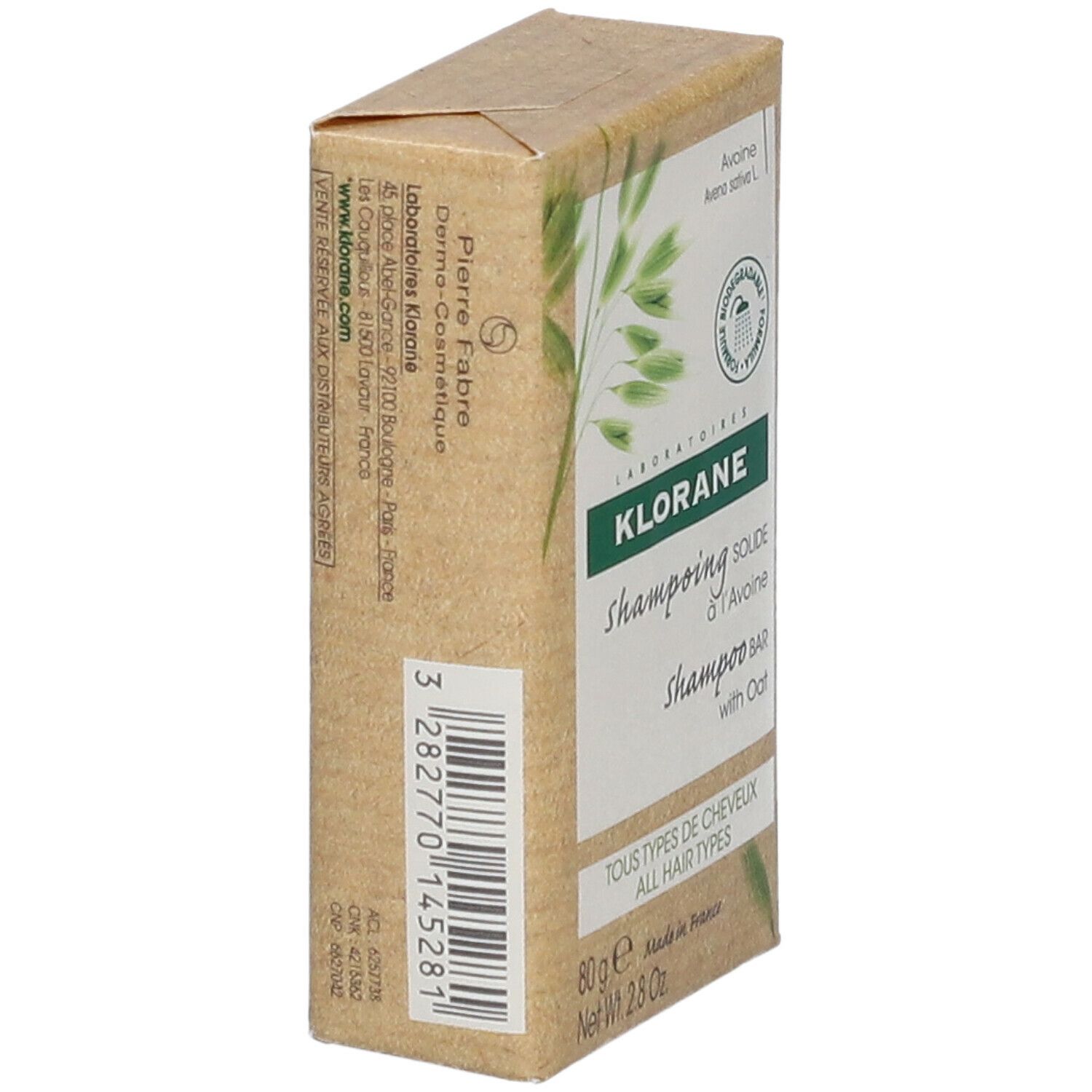 Dos de l'emballage avec ingrédients et instructions d'utilisation. KLORANE shampooing solide.