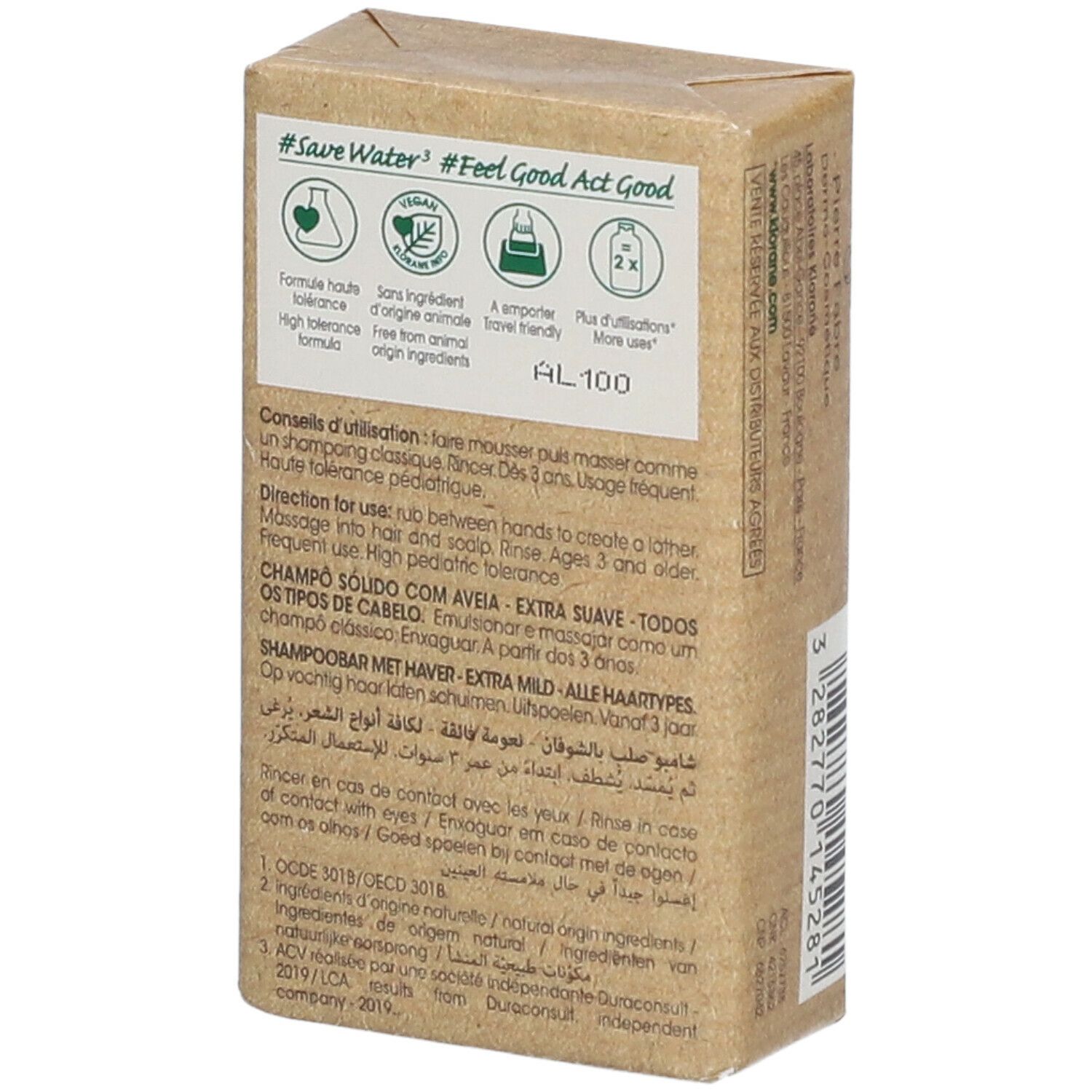 Vue latérale de l'emballage avec informations sur le KLORANE shampooing solide.