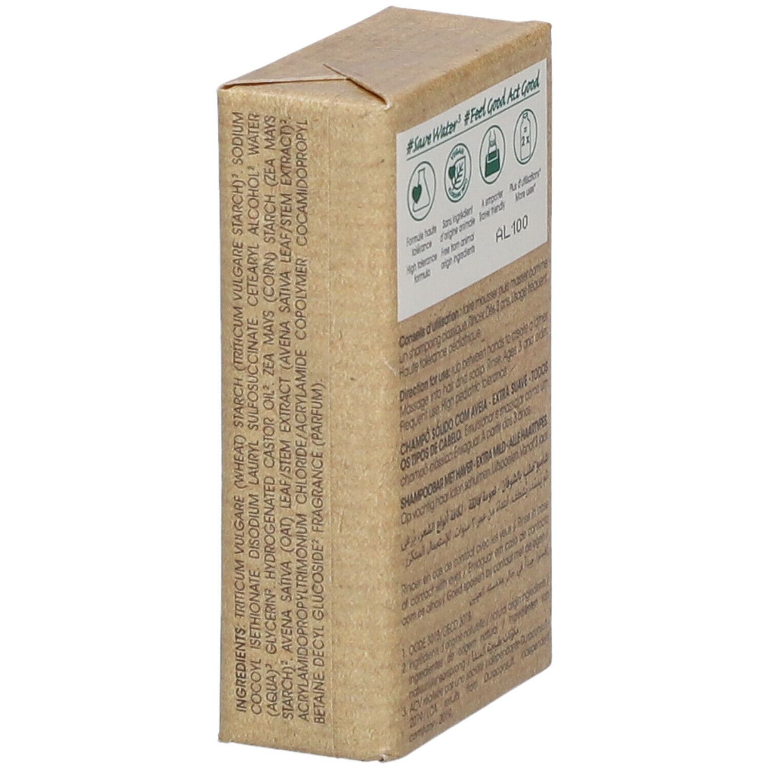 Dos de l'emballage avec ingrédients et instructions d'utilisation. KLORANE shampooing solide.