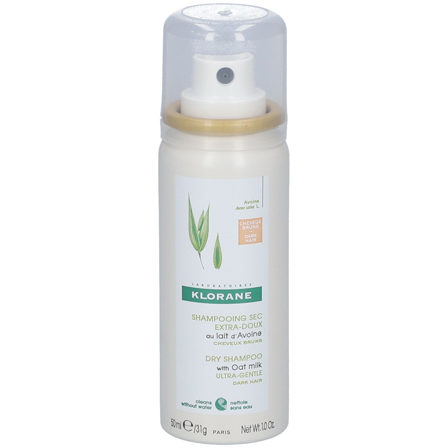 KLORANE shampooing sec teinté au lait d'Avoine. Flacon blanc avec bouchon. Étiquette avec logo et texte.
