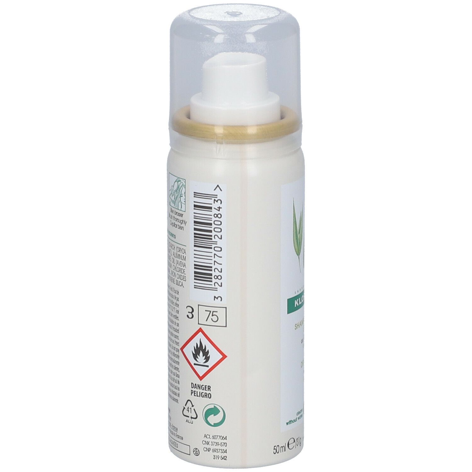 Dos du flacon de shampooing sec KLORANE. Code-barres, avertissements et symboles de recyclage visibles.