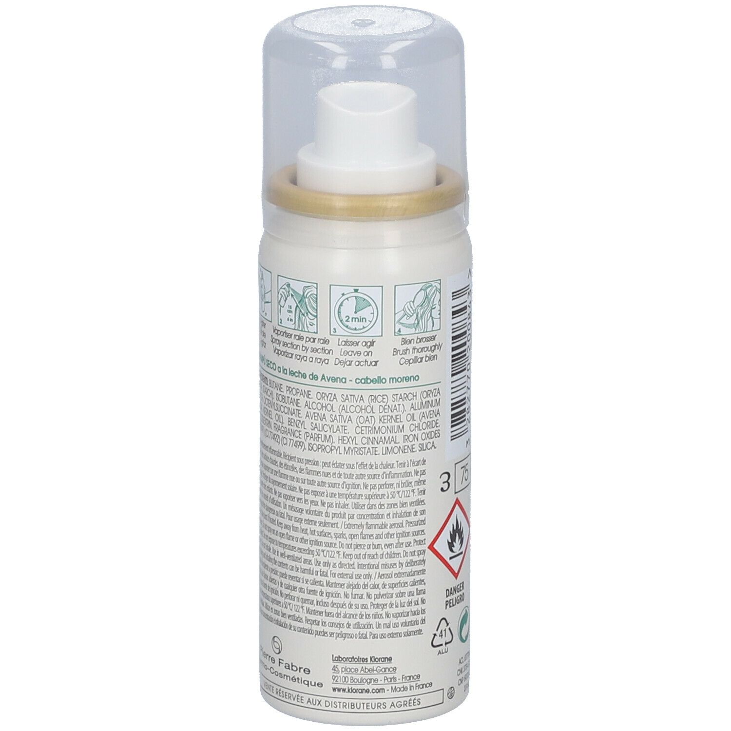 Dos du flacon de shampooing sec KLORANE. Instructions d'utilisation et ingrédients imprimés.