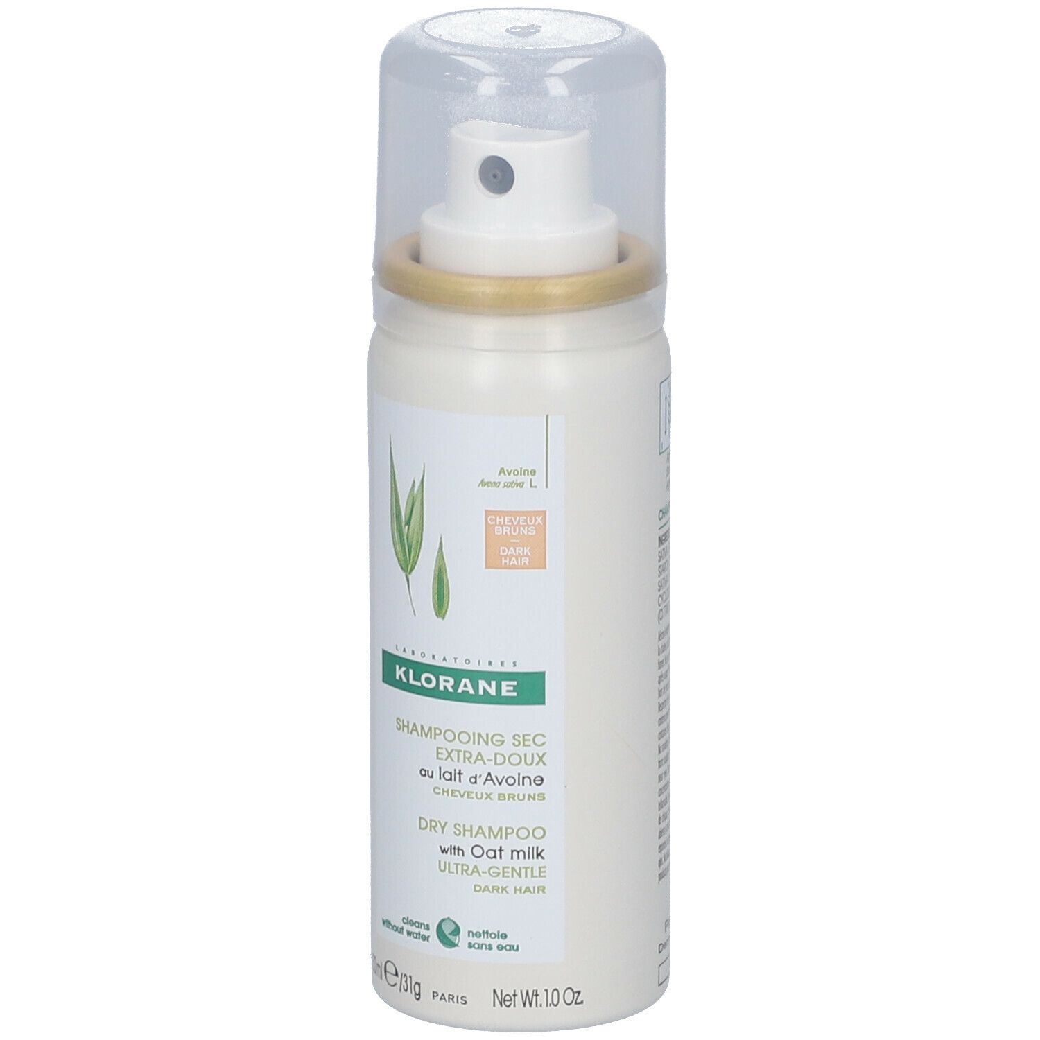 KLORANE shampooing sec teinté au lait d'Avoine. Flacon blanc avec bouchon. Étiquette avec logo et texte.