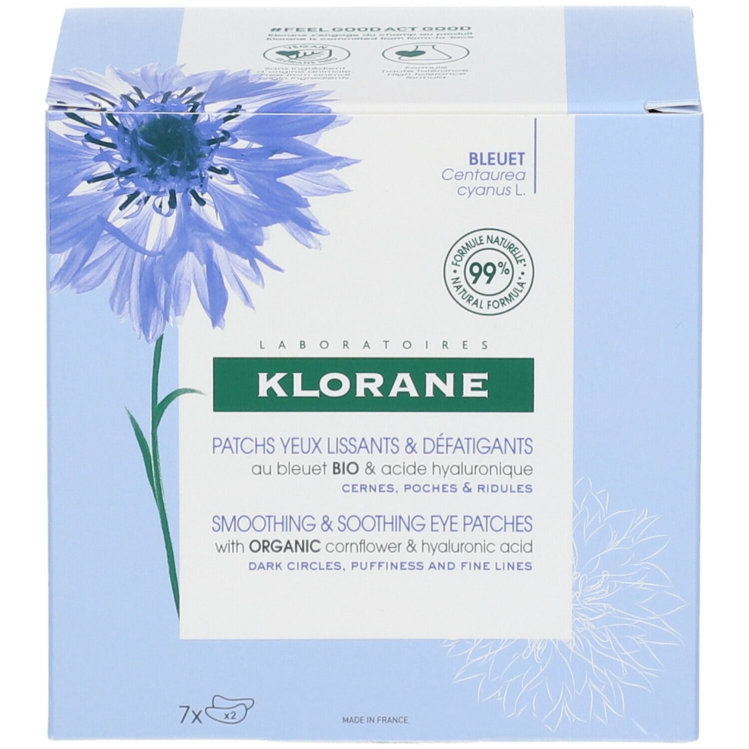 Emballage bleu clair avec illustration de bleuet et informations produit.