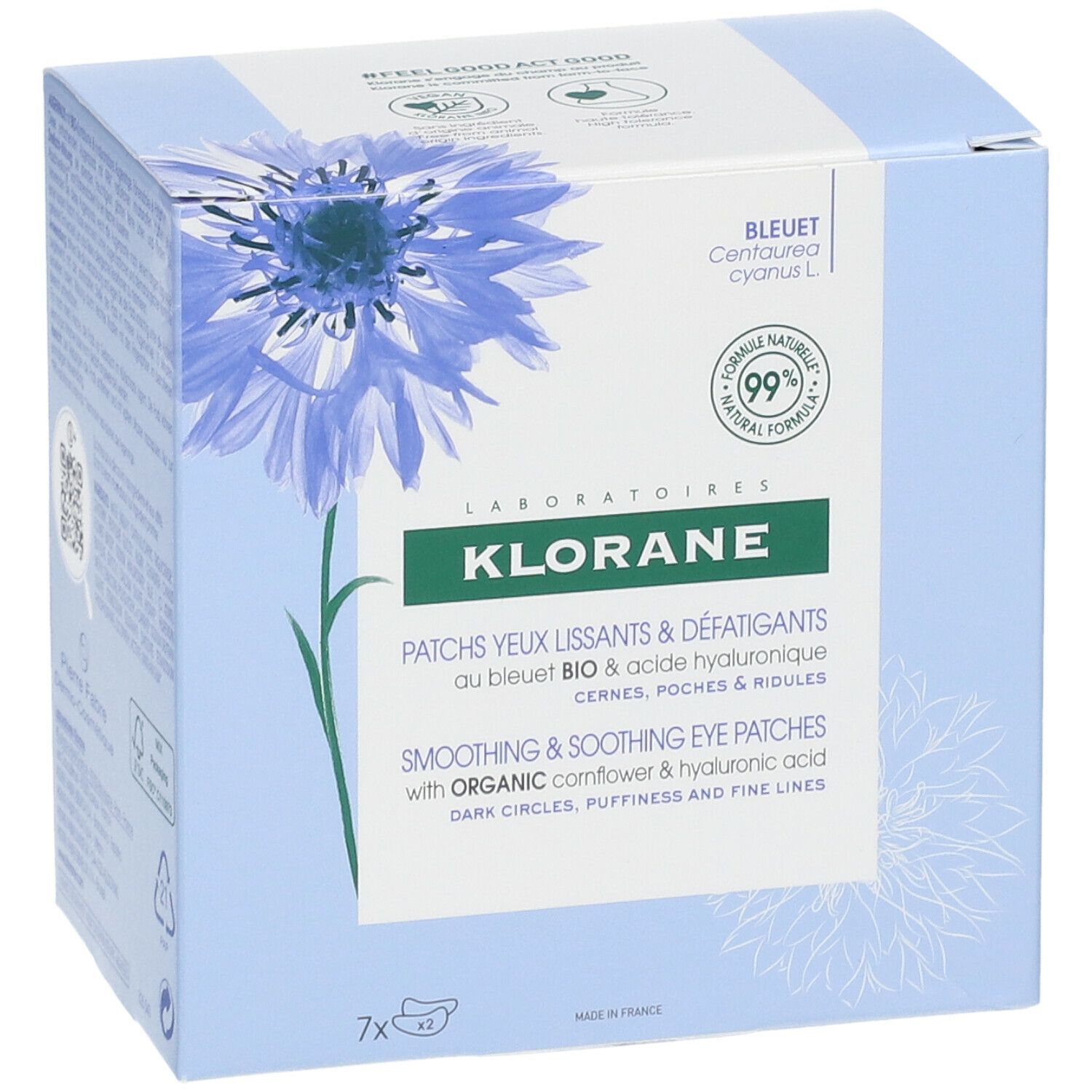 Emballage bleu clair avec illustration de bleuet et informations produit.