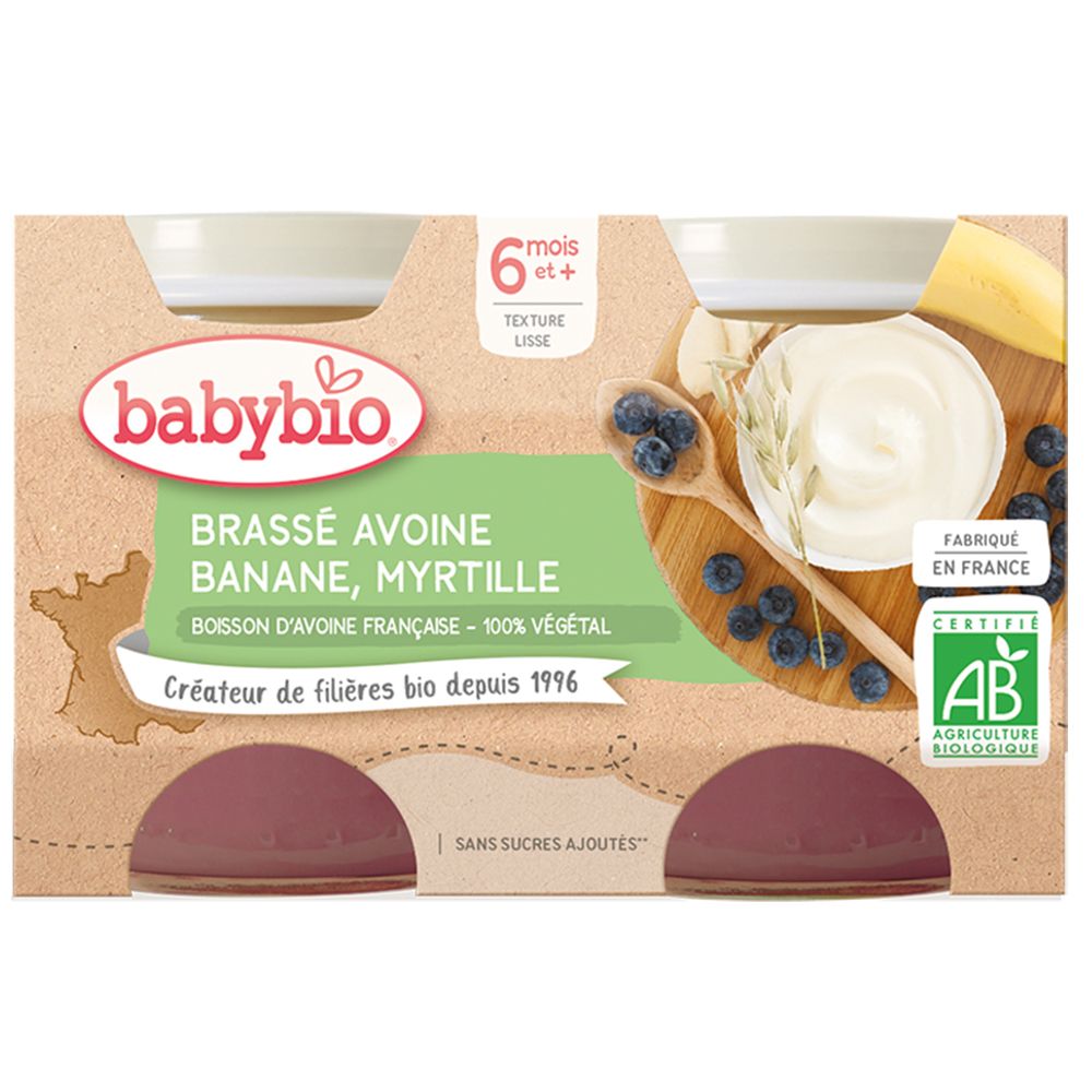 Babybio Brassé Avoine Banane Myrtille, 6 mois+, lot de 2x130g.