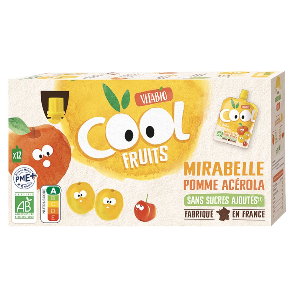 Boîte Vitabio COOL FRUITS. Inscription: Mirabelle Pomme Acerola, sans sucres ajoutés. Label AB.