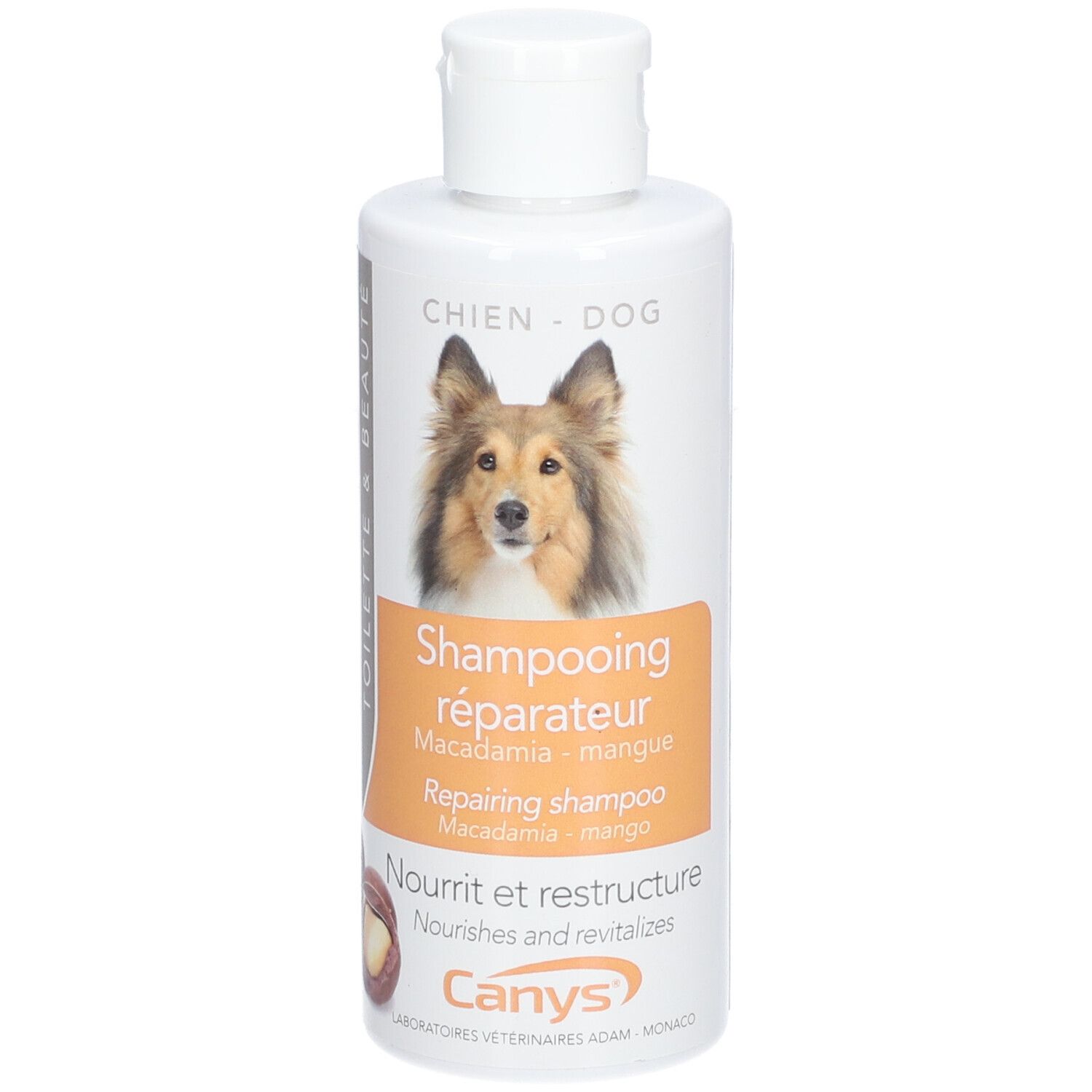 Flacon blanc de shampooing CANYS® pour chiens. Inscription: Shampooing réparateur Macadamia Mangue. Image d'un chien.
