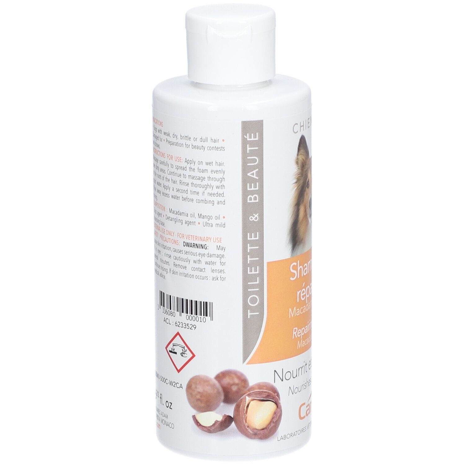 Flacon blanc de shampooing CANYS® pour chiens. Dos avec texte et ingrédients. Image de noix de macadamia.