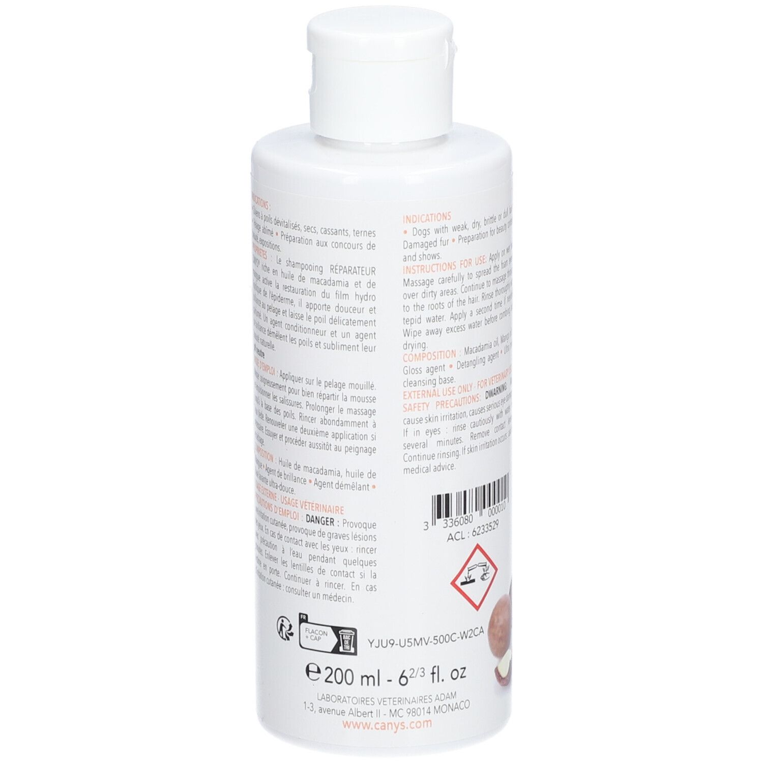 Flacon blanc de shampooing CANYS® pour chiens. Dos avec texte, ingrédients et avertissements. Volume: 200 ml.