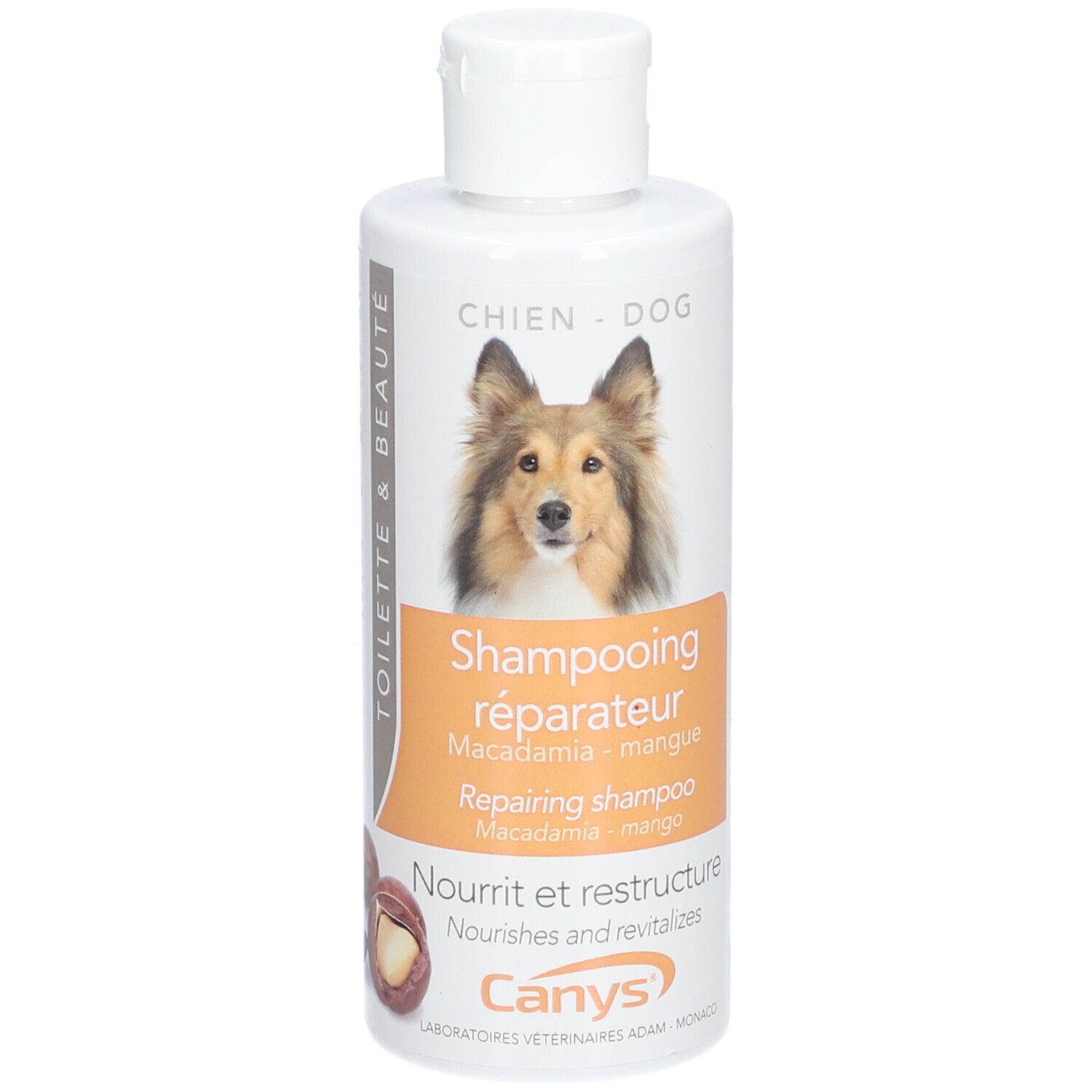Flacon blanc de shampooing CANYS® pour chiens. Inscription: Shampooing réparateur Macadamia Mangue. Image d'un chien.