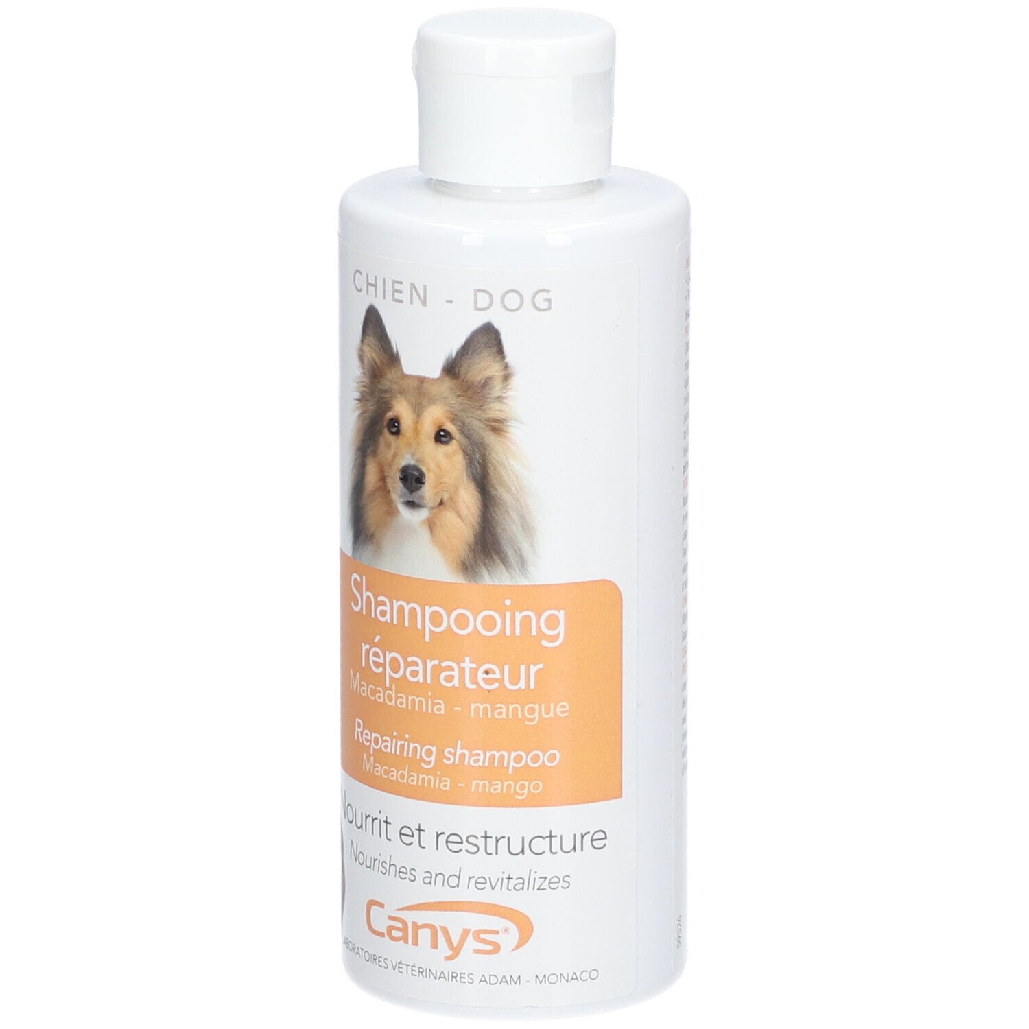 Flacon blanc de shampooing CANYS® pour chiens. Inscription: Shampooing réparateur Macadamia Mangue. Image d'un chien.