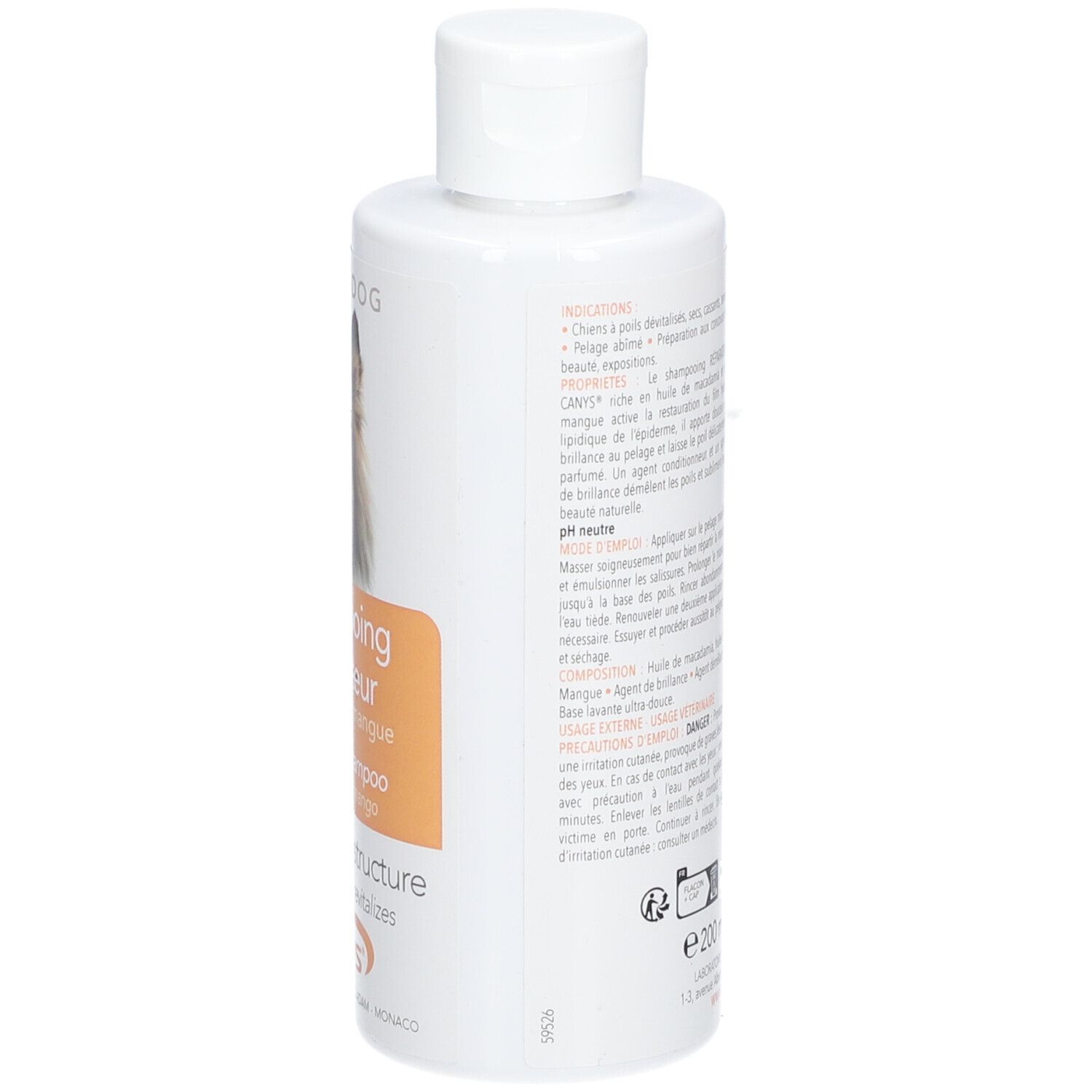 Flacon blanc de shampooing CANYS® pour chiens. Dos avec texte, ingrédients et avertissements. Volume: 200 ml.