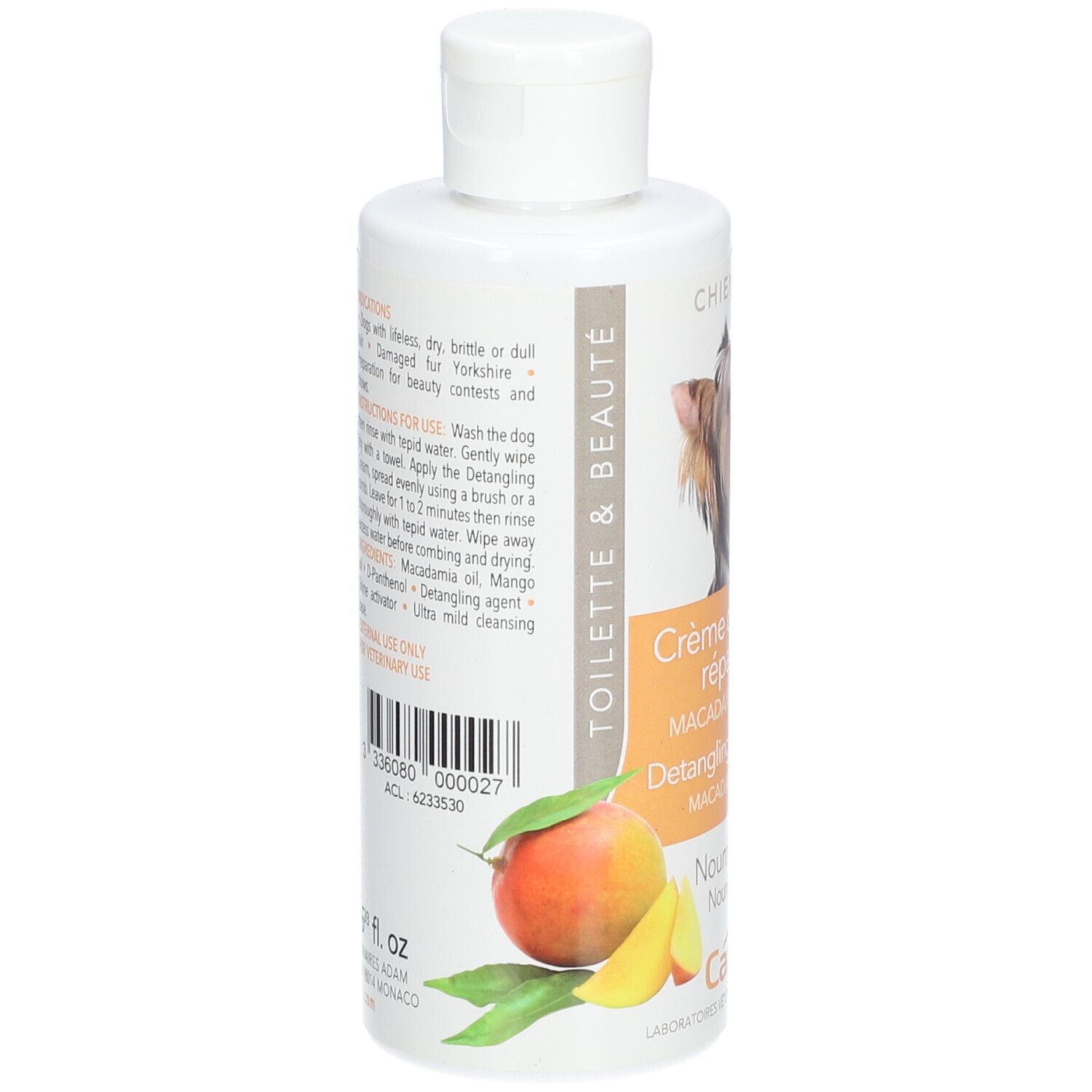 Dos du flacon blanc CANYS® Conditioner. Étiquette avec mangue et texte. Bouchon en haut.